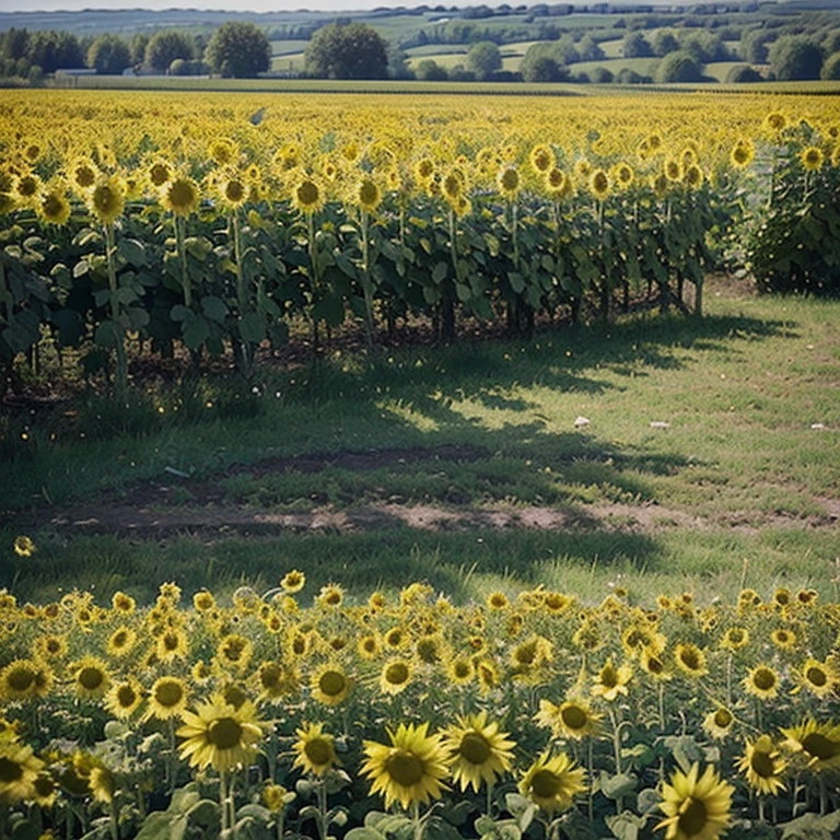 Champ de tournesolasterpiece : 1.2), Outside, ferme, profondeur de champ, ciel estival, telephoto lens, tiges et feuilles, paysage rural, Vincent Van Gogh, détails des tournesols, alignements de fleurs, contraste de couleurs.