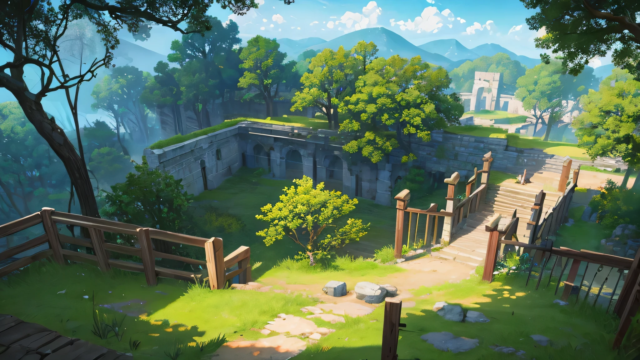 왼쪽 위 모습, 넓은 시야, 야외 장면, 플랫폼 2D 게임, 2D 횡스크롤 게임, 2D 게임 자산, RPG 게임 스타일, 숲, 고대 성문, 4K, 걸작