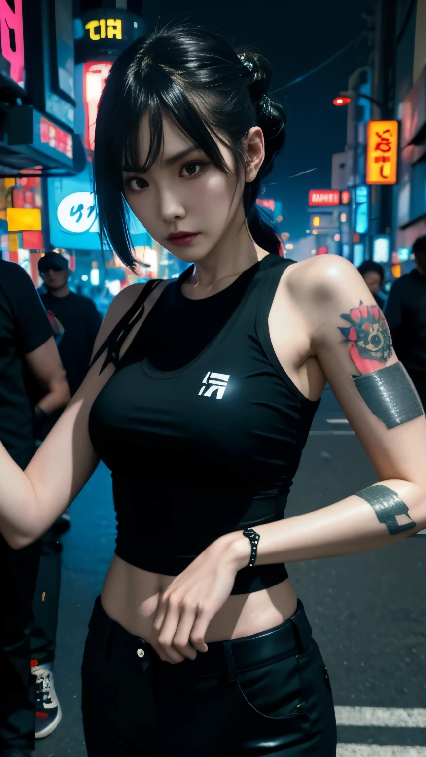 (highest quality)，masterpiece，Super detailed，8K, UHD，Beautiful woman，japanese woman，No expression，whole body，((tattoo))，slim，black slacks，white tank top，(female mafia)，gangster，(cyberpunk city)，night，cinematic lightening，underworld