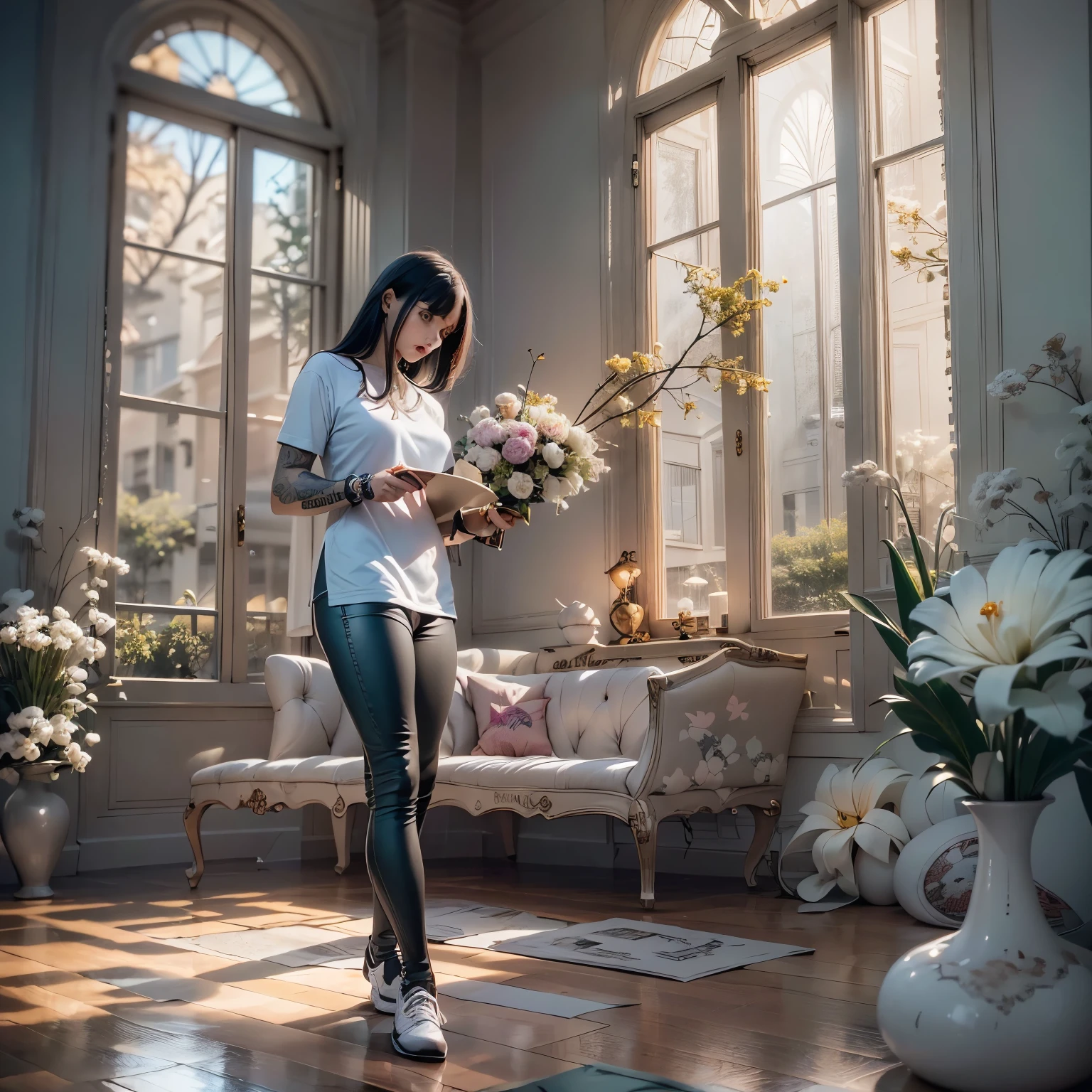 ((Masterpiece, Best quality:1.3), (ultra detail:1.3), 1 guy, Alone, (dark hair, shoulder-length, long hair), (on a strong body, dark stylish T-shirt, strong arms, bracelets, and tattoo, wearing tight dark pants), (rock star)). ((Calm look, relaxed pose, holds a lily flower in his hand.) (Stands at full height). (Modern interior, art deco, studio room, many flowers - lilieodern style, high ceilings)) . Best quality, (SURREALISM: 1.3)). (real flowers decorate the interior in simple glass vases on the floor), (the flowers are stunning looking). ((masterpiece: 1.2), (realism: 1.2), (Best quality), (special attention to details of the face, figure, colors, room elements: 1.3)). (Open window, exquisite design, mostly in light colors: white, blue, yellow, gold). (High light ceiling).((Realistic 3D visualization, super detail, ray tracing, flooded sunlight, contrasting shadows - cool tones, warm soft light)). Modern style (modern), (High-Tech), (surrealism: 1.3), Excellent, high quality. Hand-drawn realism.