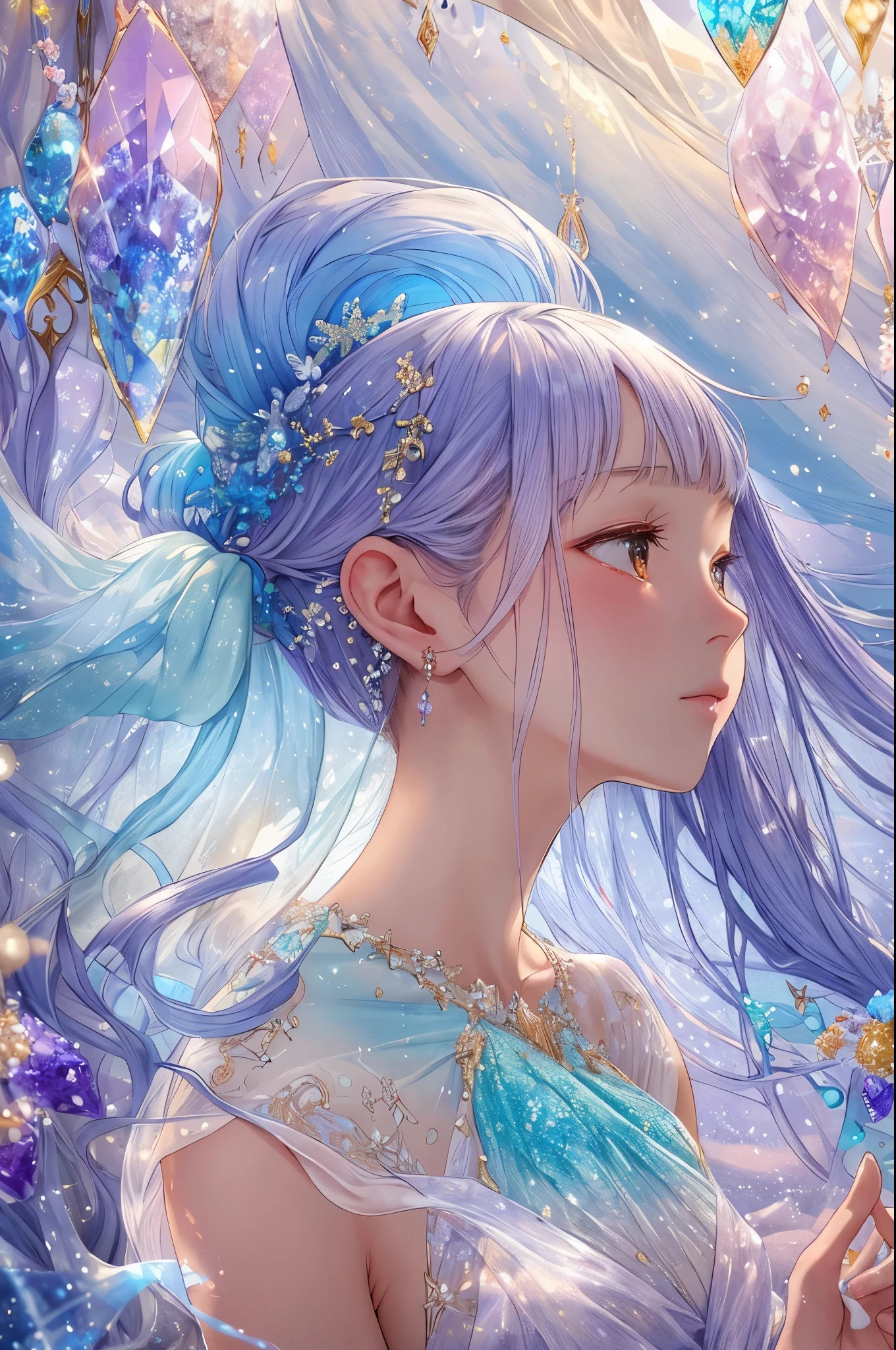 highest quality,amazing,very detailed,figure,cover,mysterious person,covered with translucent fabric,Crystals decorating hair,dreamy swirl,pastel colour,soft light,Evoking serene tranquility and elusive beauty,non-representative,Color and shape,expression of emotions,imaginative,very detaileded,