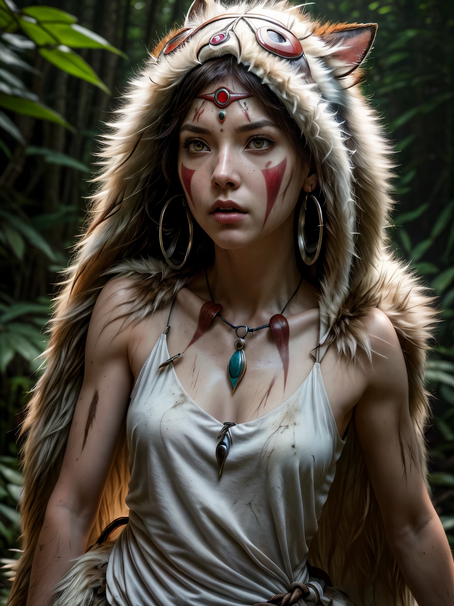 realistic photo, fantasy, (masterpiece, highly detailed, ultra realistic, highest quality, cinematic), (ohwx woman), anna sawai as princessmononoke,  white undershirt, circlet, earrings, facepaint, floating hair, magical forest, fur cape, jewelry, angry looking, nature, necklace, outdoors, short hair, dirty grey sleeveless tunic, solo, tooth necklace, tree, upper body, white SHIRT, ((SFW)), magical forest, (best quality,4k,8k,highres,masterpiece:1.2),ultra-detailed,(realistic,photorealistic,photo-realistic:1.37),HDR,UHD, raw photo