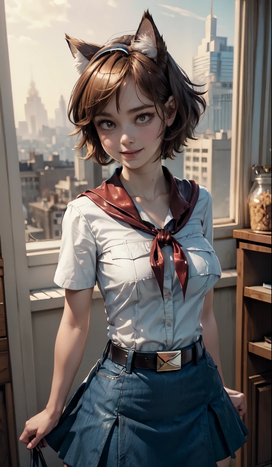 very young slim fit girl, pioneer neckerchief, very short blue skirt, bangs, collarbone, tight white shirt, bursting breast, short sleeves, collared shirt, belt, red neckerchief, full height, rounded face, very long disheveled dark brown hair, big brown eyes, sluty smile, perfect flat breast, parororo, luciewilde, band on head with fake cat ears