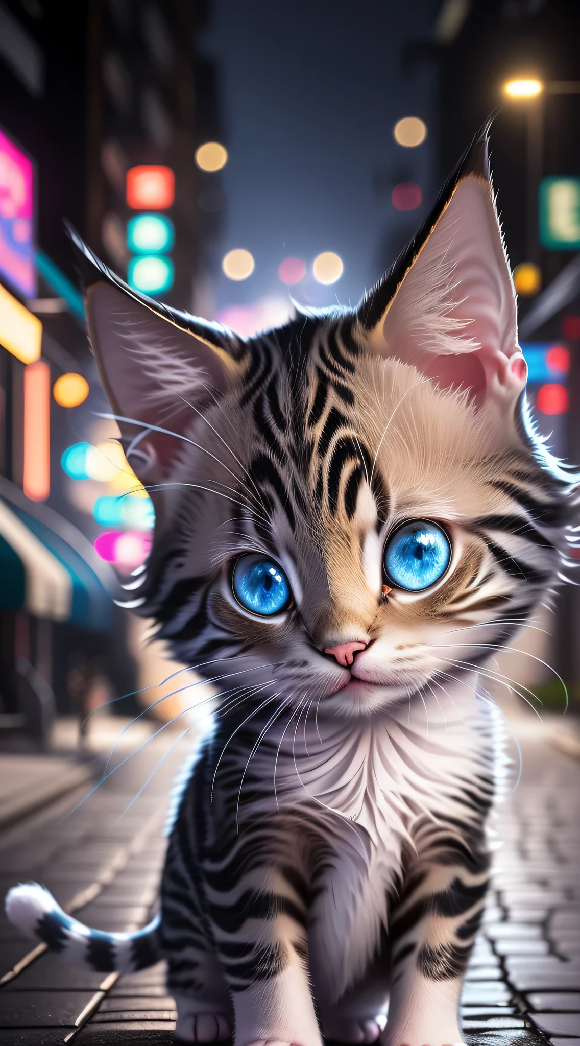 Pequeño gato lindo bebé,Lindo gatito en la noche oscura，Los ojos azules brillan, En la calle de la ciudad de neón，alta calidad,Una alta resolución,fondo oscuro profundo