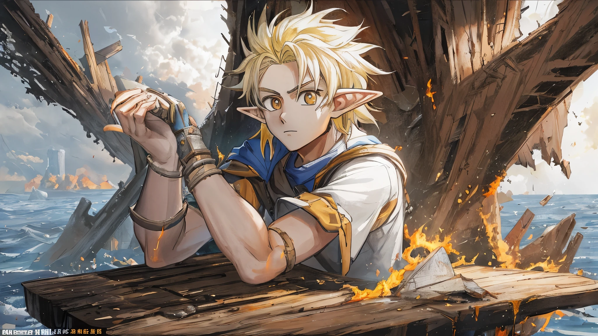 master piece), 8k, best quality, book illustration, The elf boy, childlike appearance, naive, male, teenager, 14 years old, white skin, thin body, pointed elf ears, beautiful finely detailed silver eyes , high forehead, spiky yellow blonde hair like Gohan from the anime dragon ball (super sayajin), Round face, highly detailed, Incredibly handsome, conservative elven outfit, conservative posture, An explosion, wreckage of boat wood, on all sides, in Above drifting on a piece of wood, at sea, in danger, drowning