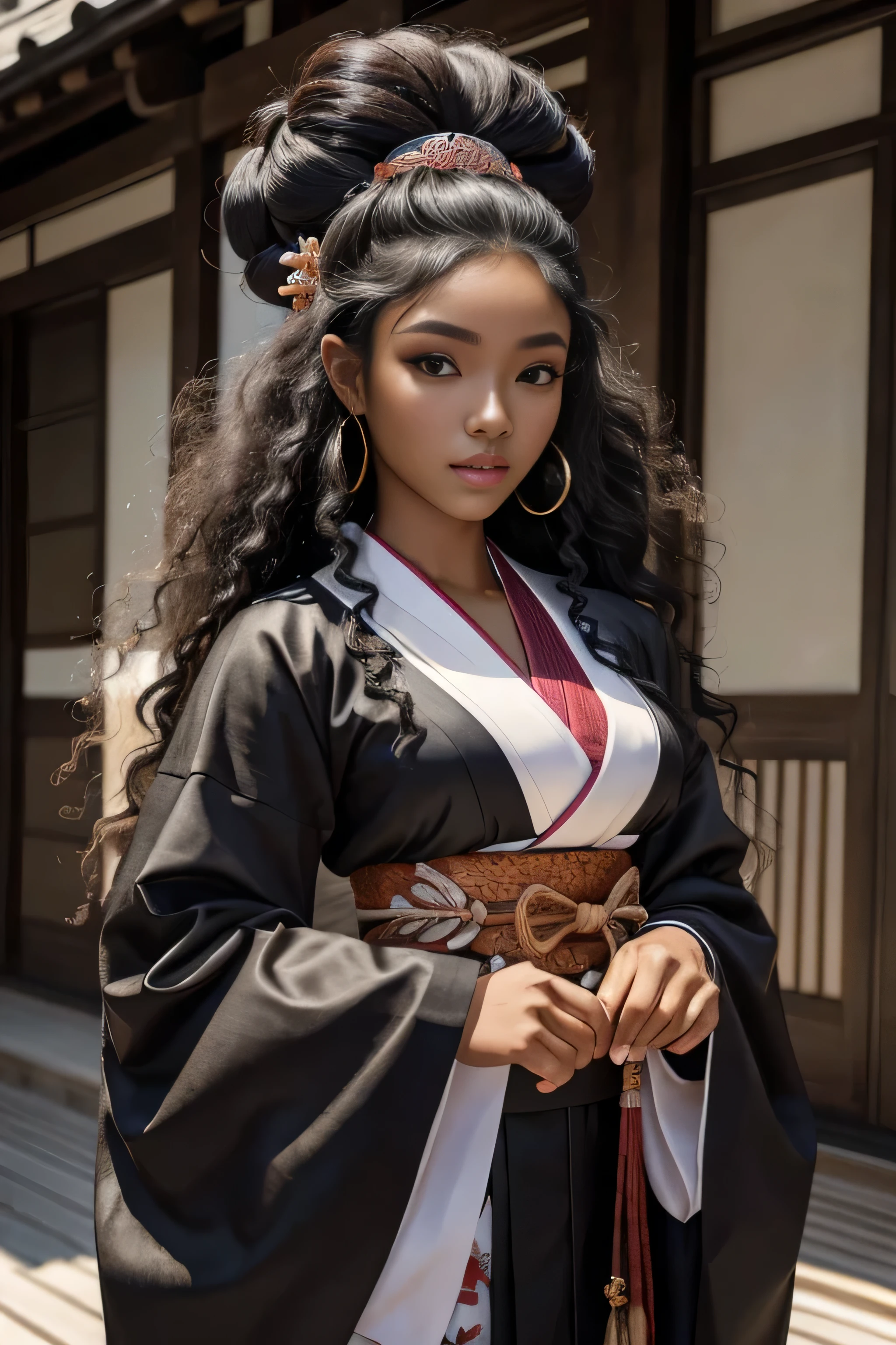 шедевр, Лучшее качество, Красивая чернокожая и азиатская смешанная 19-летняя девушка, женщина с черной кожей, длинный, вьющийся, вьющиеся темные волосы, идеальное лицо, половина тела, длинный hair, носить кимоно_одежда
