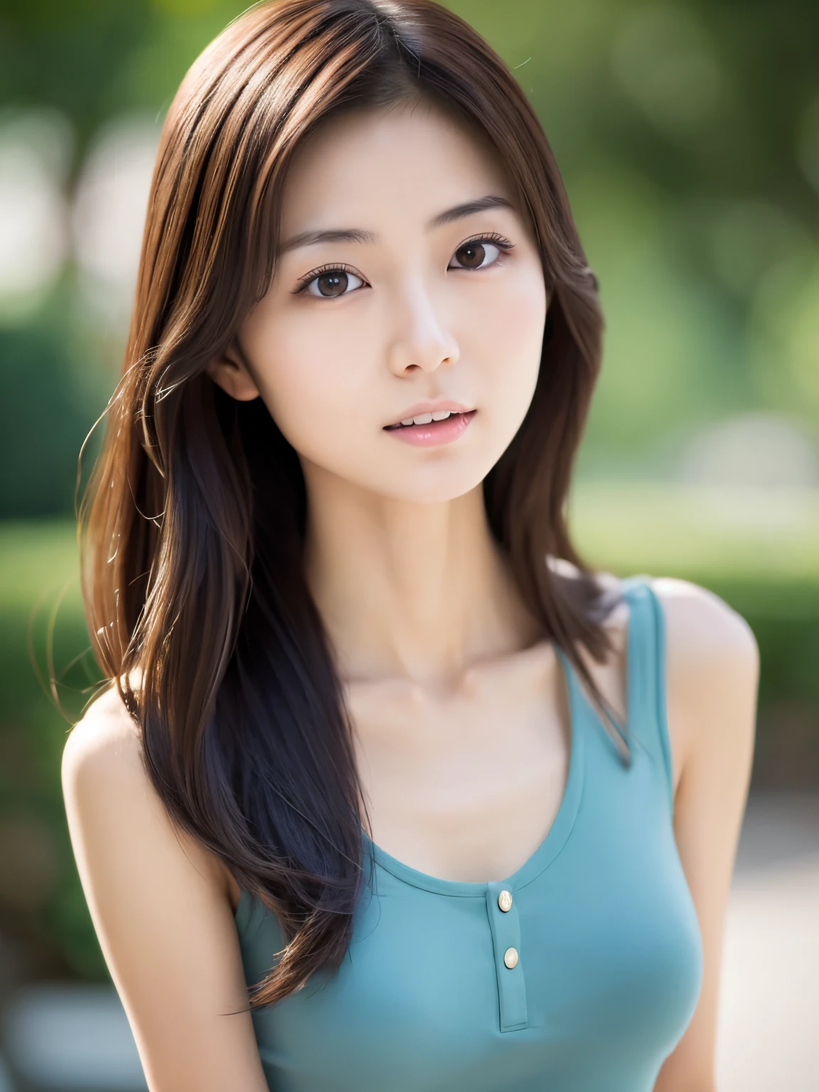 a skinny Japanese lady, 20 years old, (realistic), (hyperrealism), (photorealistic), (8K resolusion), depth of field, (upper-body:1.2), super detailed face, detailed eyes, cute face, various face expression, various hair style, (small breasts:0.6), (very thin waist:0.7), casual outfit