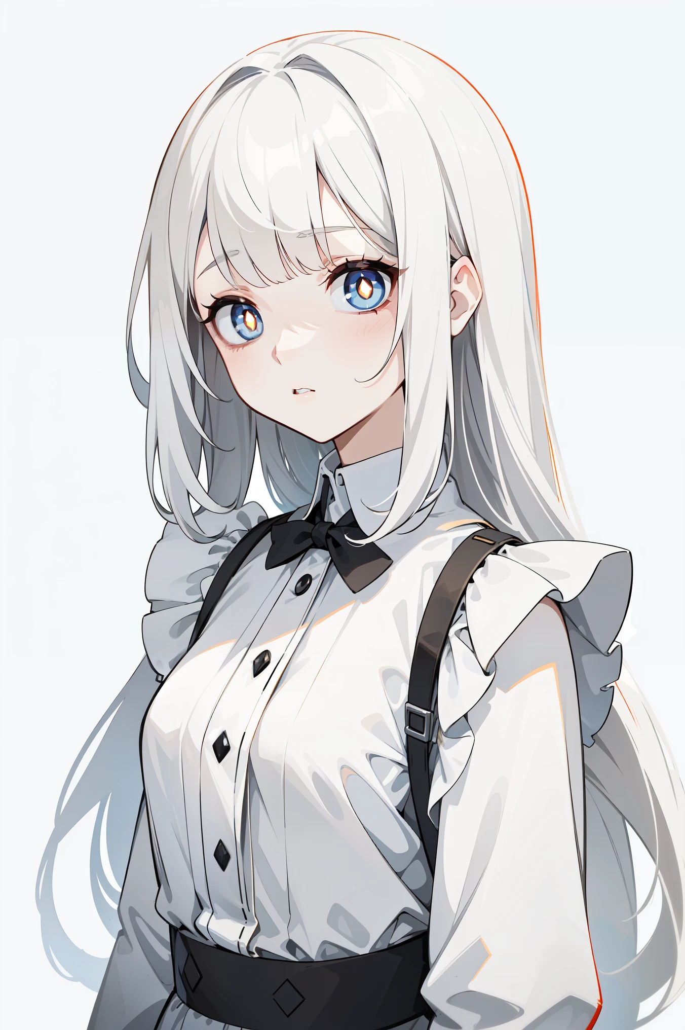 (masterpiece, best quality, ultra high quality:1.1), ((portrait)), 1girl, solo, young with long hair, pure white hair, straight hair, blunt bangs, ((light gray eyes, white pupils)), ((white pupils)), small breasts, flat chest, neutral, innexpressive, sad, white and black dress, maid, white apron, upper body, standing, hands behind back, isometric lightning, white background, simple background