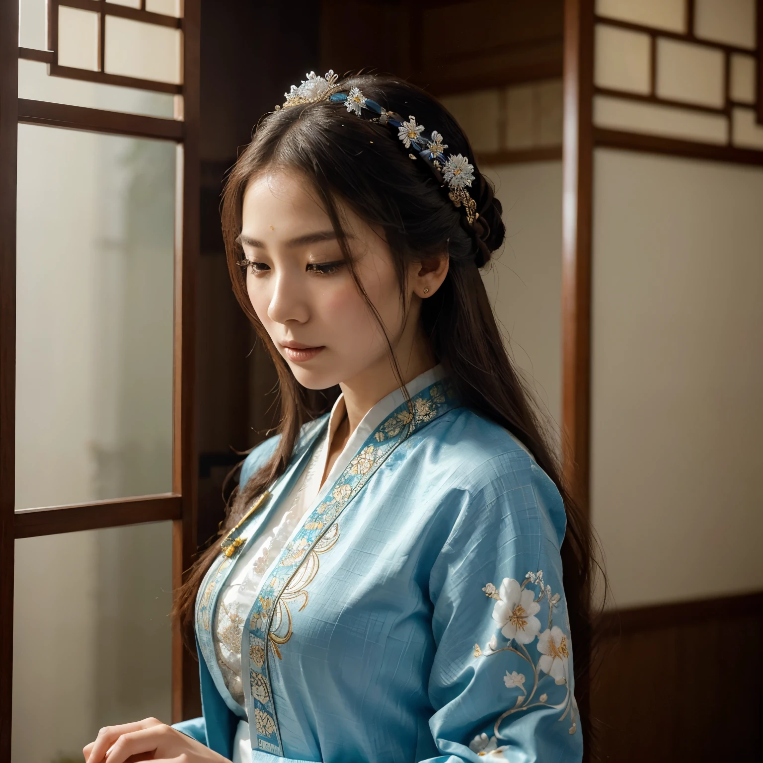 The figure is a woman portrayed in a graceful pose with a serene and contemplative expression. Her attire and styling suggest traditional East Asian influences, likely a form of hanfu with its flowing layers and intricate patterns. The garment is detailed with floral patterns in shades of blue and white, which may represent a specific type of porcelain design. The use of blue is prominent, suggesting a connection to nobility or serenity in some East Asian cultures. The woman's hair is long, flowing, and styled traditionally with ornaments that include flowers and hanging beads or jewels. These hair accessories are elaborate, adding to the sense of elegance and refinement.