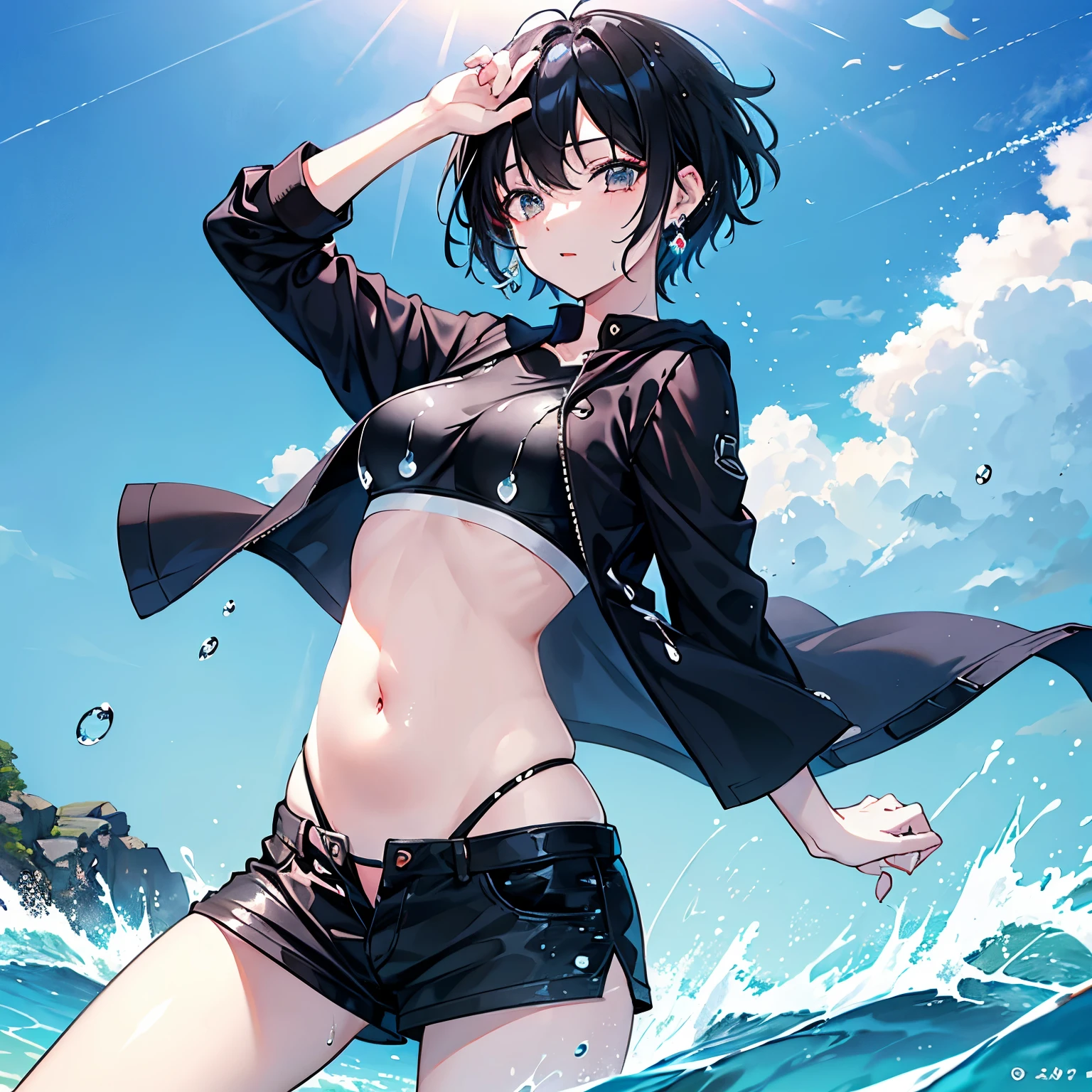 Anime girl in black bikini and black jacket standing in the ocean - SeaArt  AI