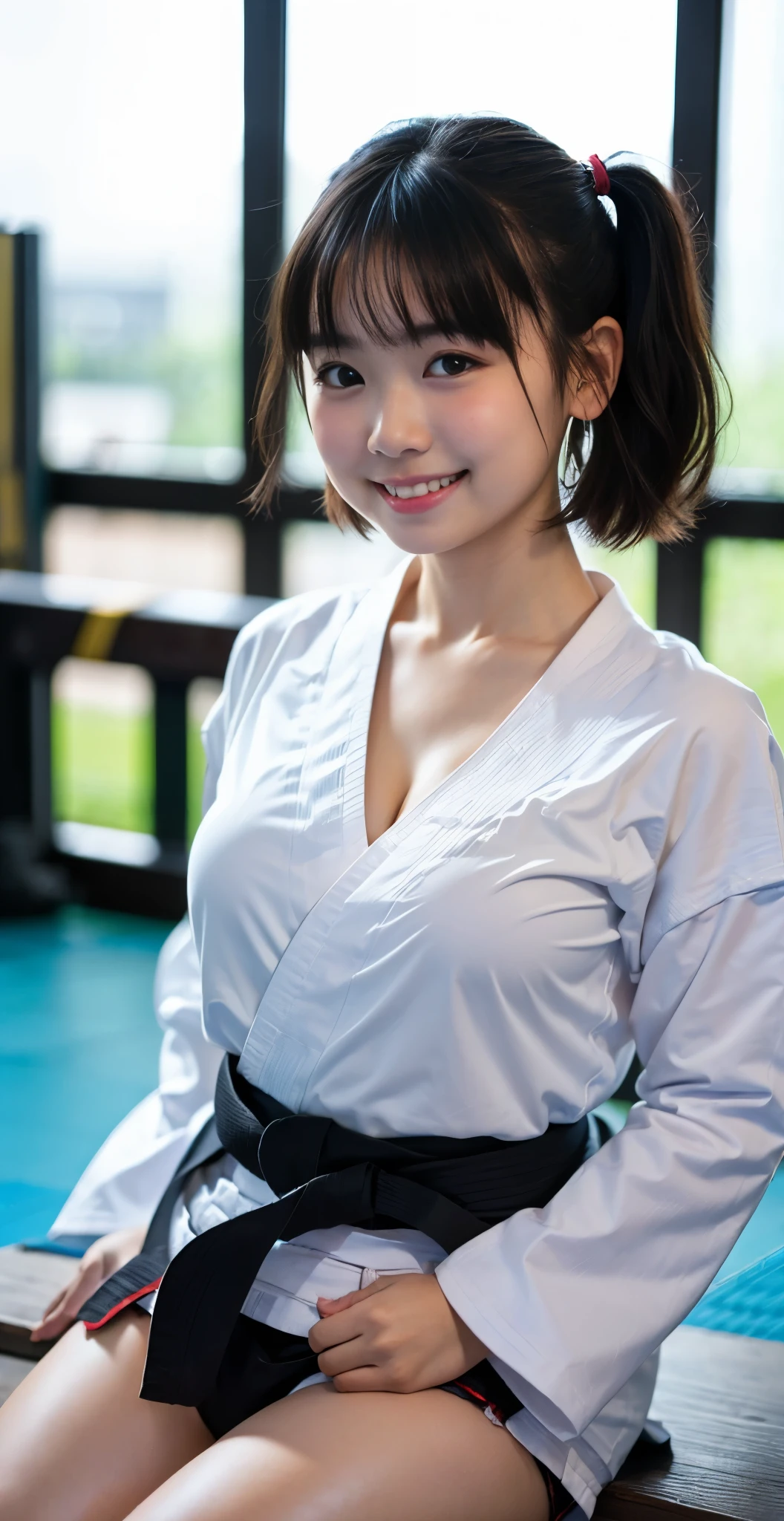 （8k、Raw photography、highest quality、masterpiece：1.2),(black haired、very short hair:1.8),(short twin tails:1.4)、show viewer,Looking at the front,erotic,(wearing a karate kimono:1.7)、(dojo)、(Clothing that emphasizes the shape of your chest、expose one&#39;s skin:1.8)、(big breasts:1.4)、slim body shape、ultra high resolution,beautiful,beautiful fece,(alone, alone、no background:1.9),whole bodyボディー,japanese woman,（Photoreal：1.37）、photon mapping,reality、(Baby-faced and cute: 1.4)、(cute smile: 1.7)、(With a round face: 1.9)、radio city、Physically based rendering、depth of field rally background、photograph, (I can see your knees,close up of thighs:1.6),(whole body:1.5)、super fine