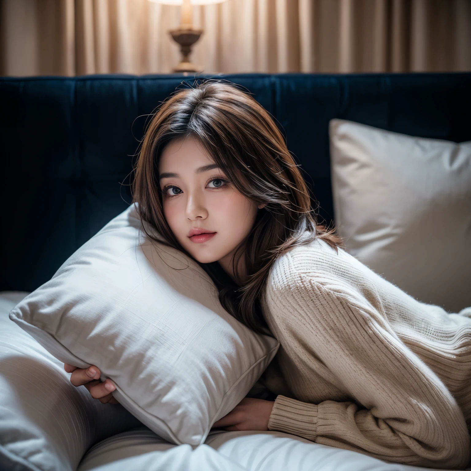 a beautiful woman is posing for an advertisement for pillows and bolsters, for an advertisement she is holding a pillow to show off to the audience , brunnet bob hair , focus on pillow , long exposure