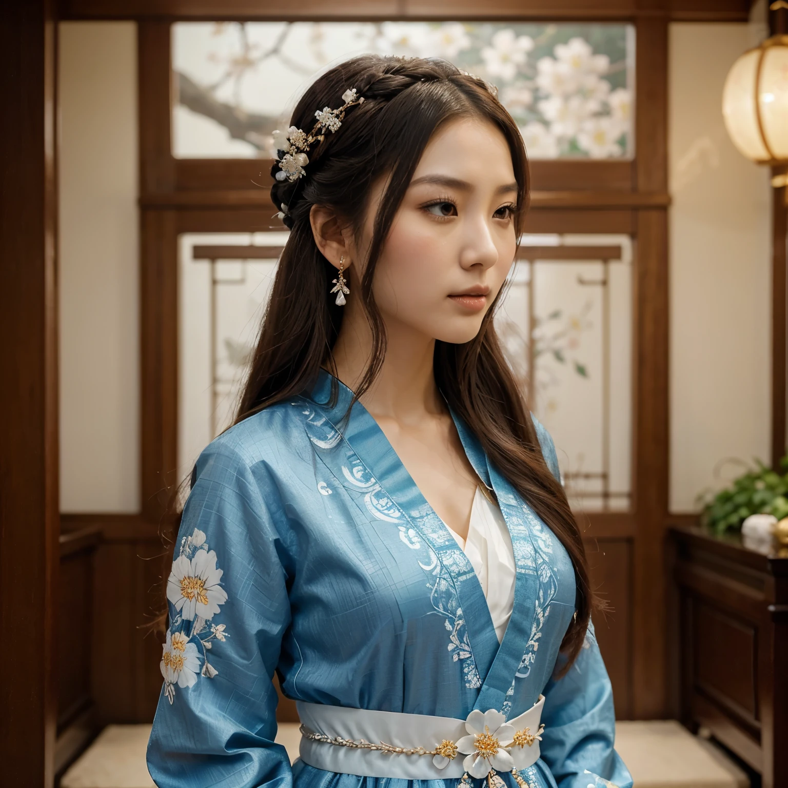 The figure is a woman portrayed in a graceful pose with a serene and contemplative expression. Her attire and styling suggest traditional East Asian influences, likely a form of hanfu with its flowing layers and intricate patterns. The garment is detailed with floral patterns in shades of blue and white, which may represent a specific type of porcelain design. The use of blue is prominent, suggesting a connection to nobility or serenity in some East Asian cultures. The woman's hair is long, flowing, and styled traditionally with ornaments that include flowers and hanging beads or jewels. These hair accessories are elaborate, adding to the sense of elegance and refinement.