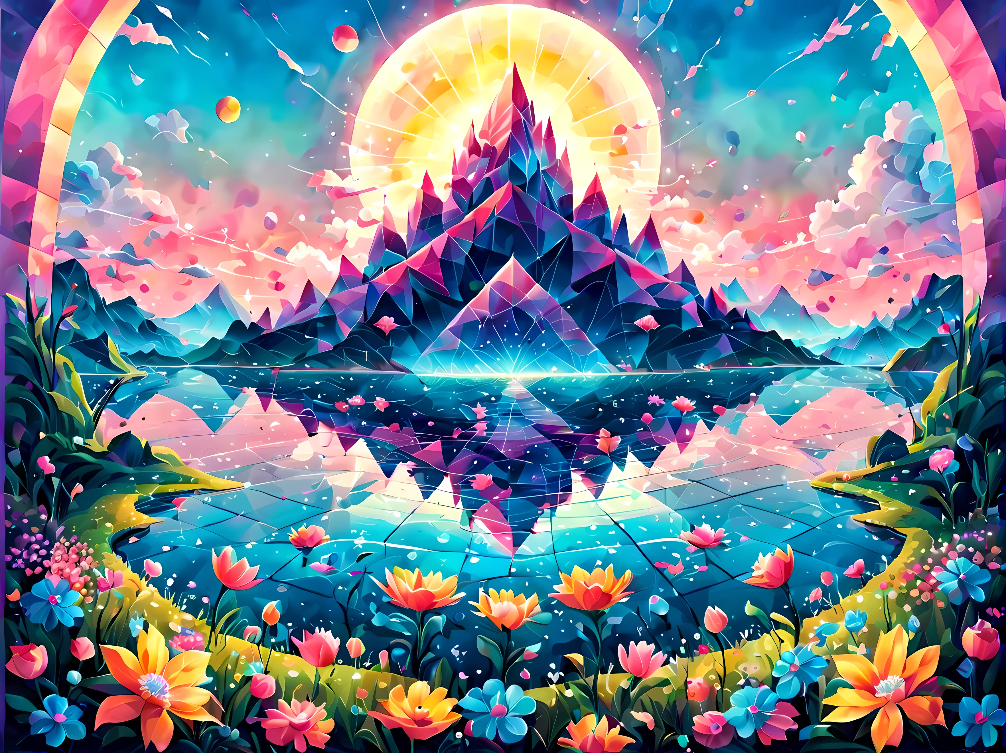 Design a visually captivating surreal ((cosmic)) masterpiece where celestial ((flowers)) are vibrant geometric shapes in a sea of ethereal pastel hues, each petal represents a distant galaxy, and the interplay of colors and patterns forms an otherworldly landscape, masterpiece in maximum 16K resolution, superb quality. | ((More_Detail))
