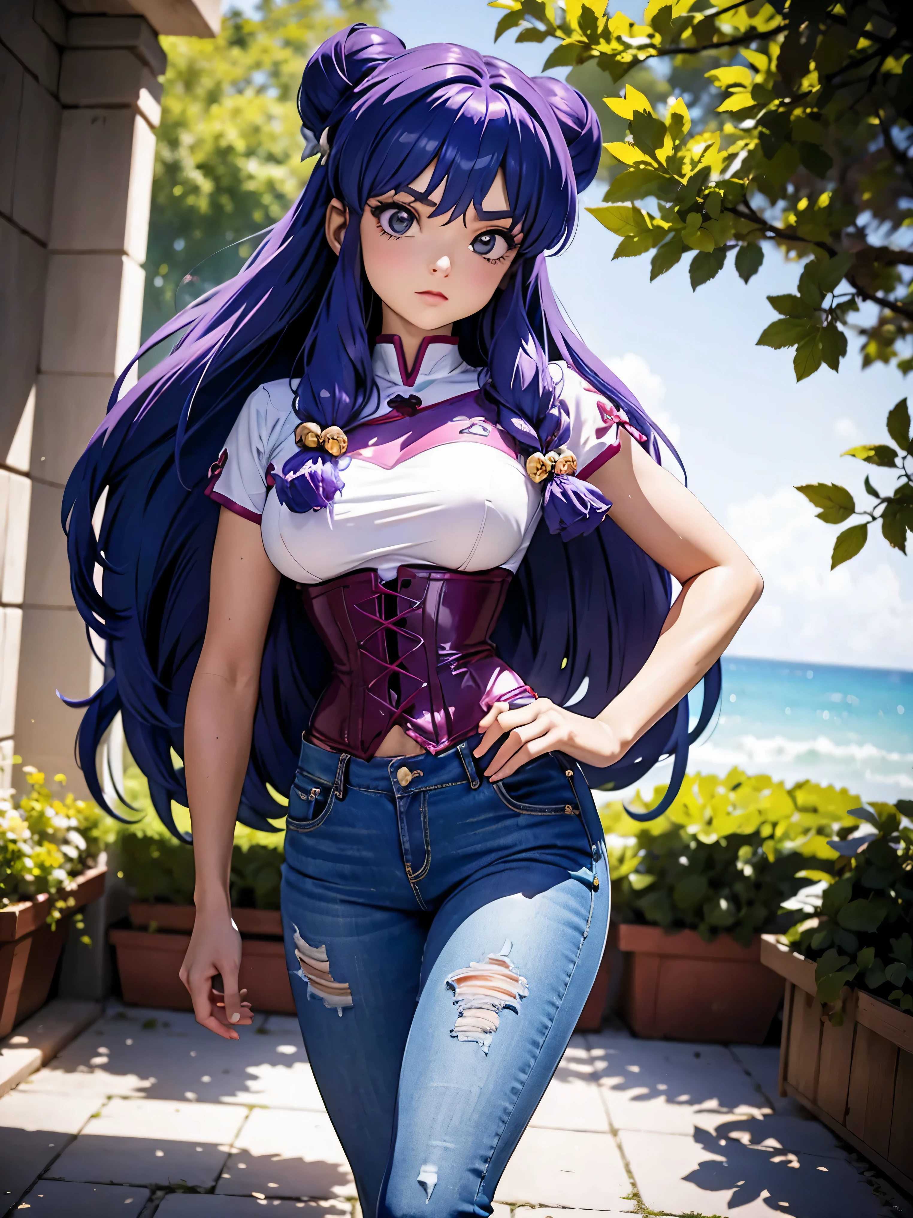 Anime cabelo purple com short jeans e corset rosa pink, 16 yrs old, Body cute, breasts big, with hands on hips and in hair, hand on ass and hair, Garota sexly, purple cabelo, side hair highlights, locks of hair on the side of the face, beautiful lighting, softshadows, blue colored eyes, pretty legs, long purple hair, anime styling, personagem Shampoo Chan, Autora Rumiko Takahashi, Based on a work by Rumiko Takahashi, Anime Ranma 1/ 2, decote sexly, robust hip, fully body, fully body, Bust Big, young girl with beautiful and beautiful body, sandals on his feet, Young girl, wearing denim shorts and bright pink corset, anime girl, anime styling, beautiful feet in sandals, 45° viewing angle, plein-air, large breasted, Cute Breasts, cabelo purple, sandals on the feet, pretty legs, sexly