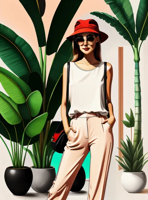 a woman smiling in red pants and a white blouse with a black bag and sunglasses on her head and a palm tree in the background, d...