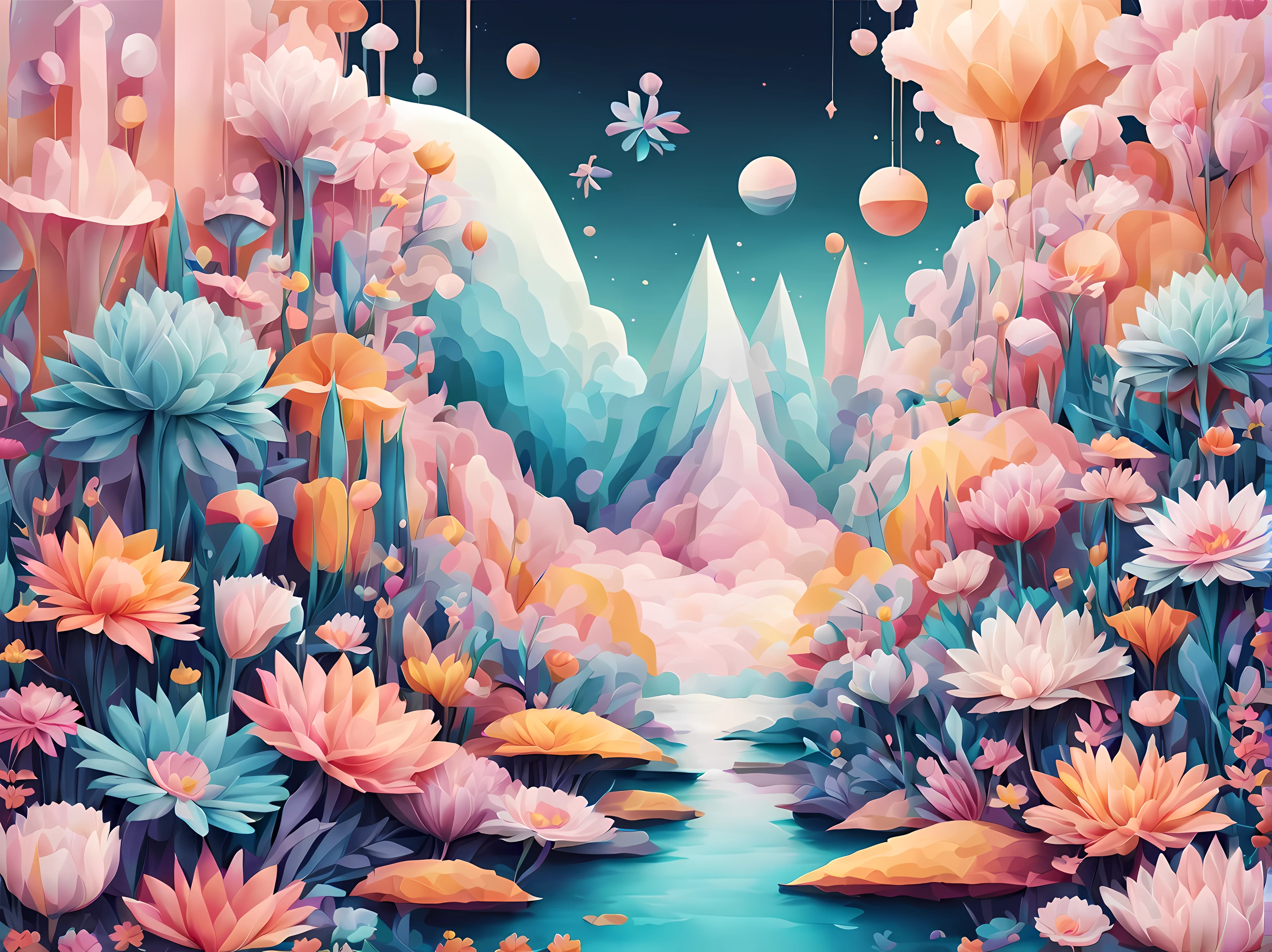 Design a visually captivating surreal ((cosmic)) masterpiece where celestial ((flowers)) are vibrant geometric shapes in a sea of ethereal pastel hues, each petal represents a distant galaxy, and the interplay of colors and patterns forms an otherworldly landscape, masterpiece in maximum 16K resolution, superb quality. | ((More_Detail))
