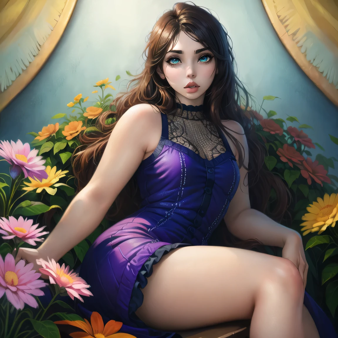 (Best Quality,photorealistic),(vibrant colors),(soft lighting),(beautiful detailed eyes,beautiful detailed lips),(natural background,flower garden),(young woman),(half:Oil painting),(by the wide),(Flowy mini dress),(relaxed pose),(dream atmosphere)