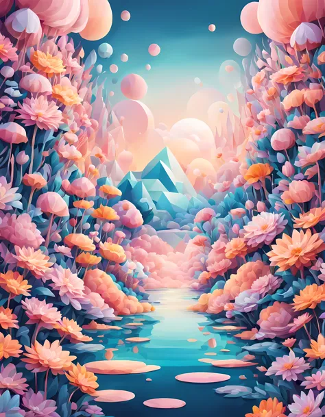 Design a visually captivating digital artwork featuring an otherworldly landscape where vibrant geometric shapes represent ((flo...