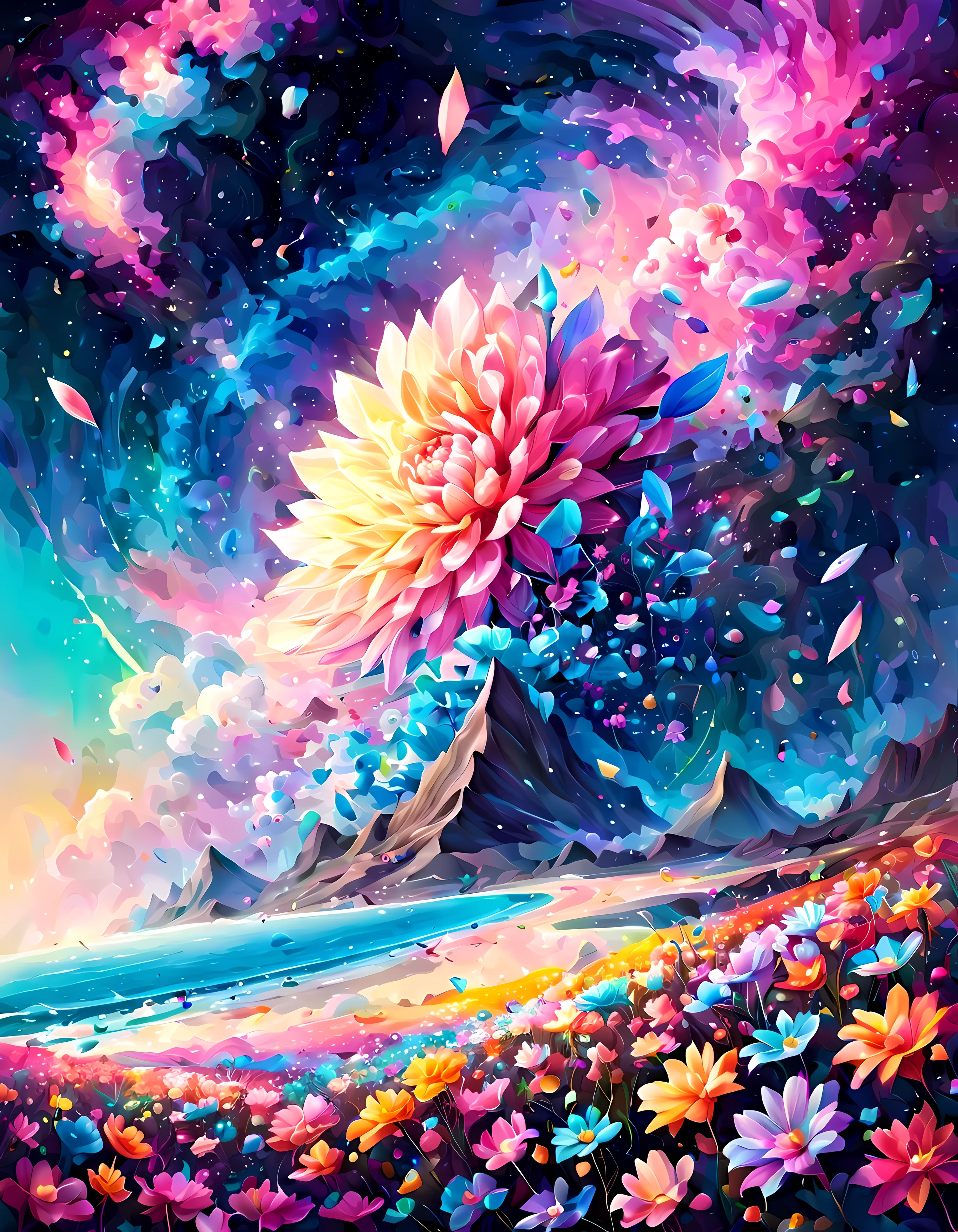 Design a visually captivating surreal ((cosmic)) masterpiece where celestial ((flowers)) are vibrant geometric shapes in a sea of ethereal pastel hues, each petal represents a distant galaxy, and the interplay of colors and patterns forms an otherworldly landscape, masterpiece in maximum 16K resolution, superb quality. | ((More_Detail))
