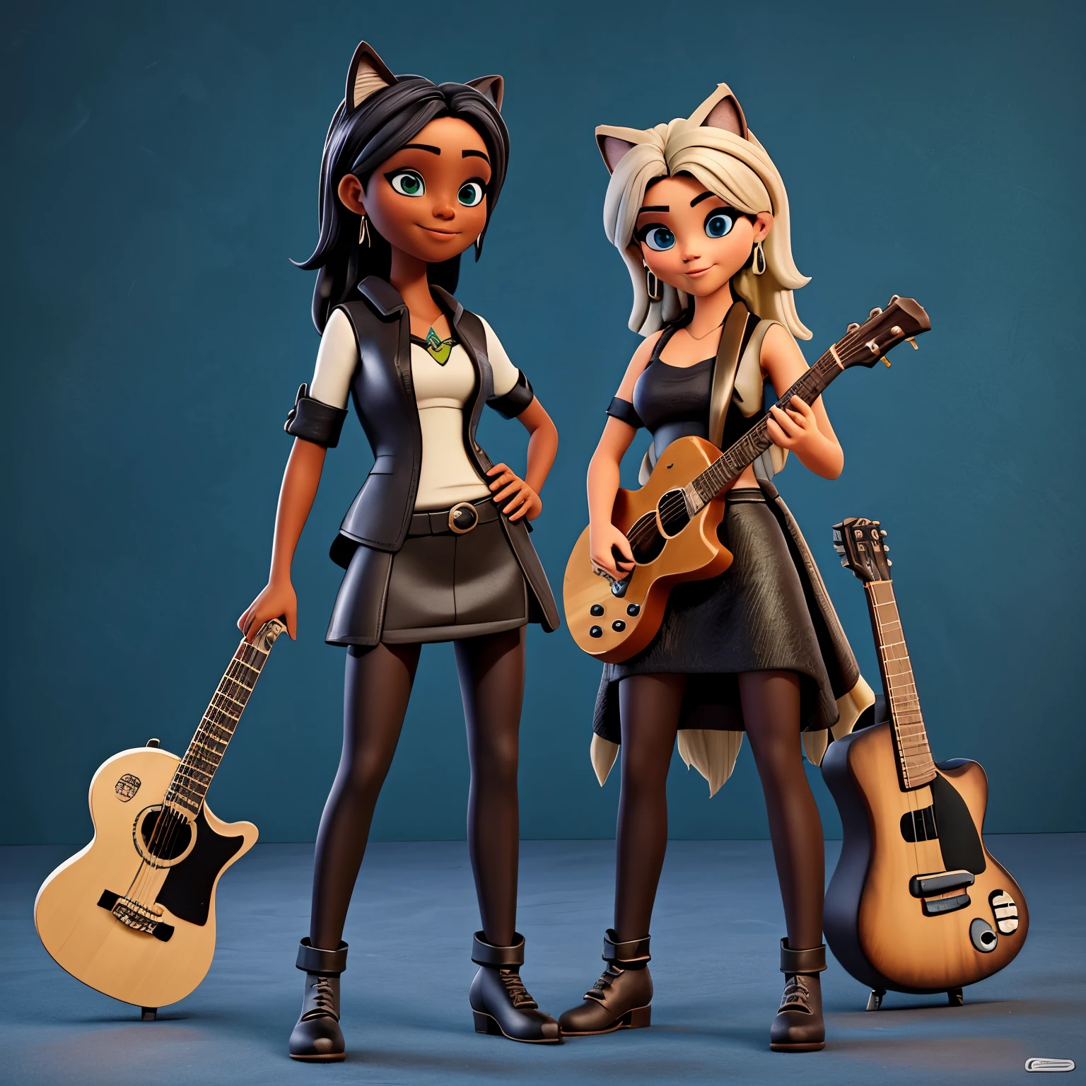 Dois personagens de desenhos animados vestidos com roupas pretas e brancas  com guitarras - SeaArt AI