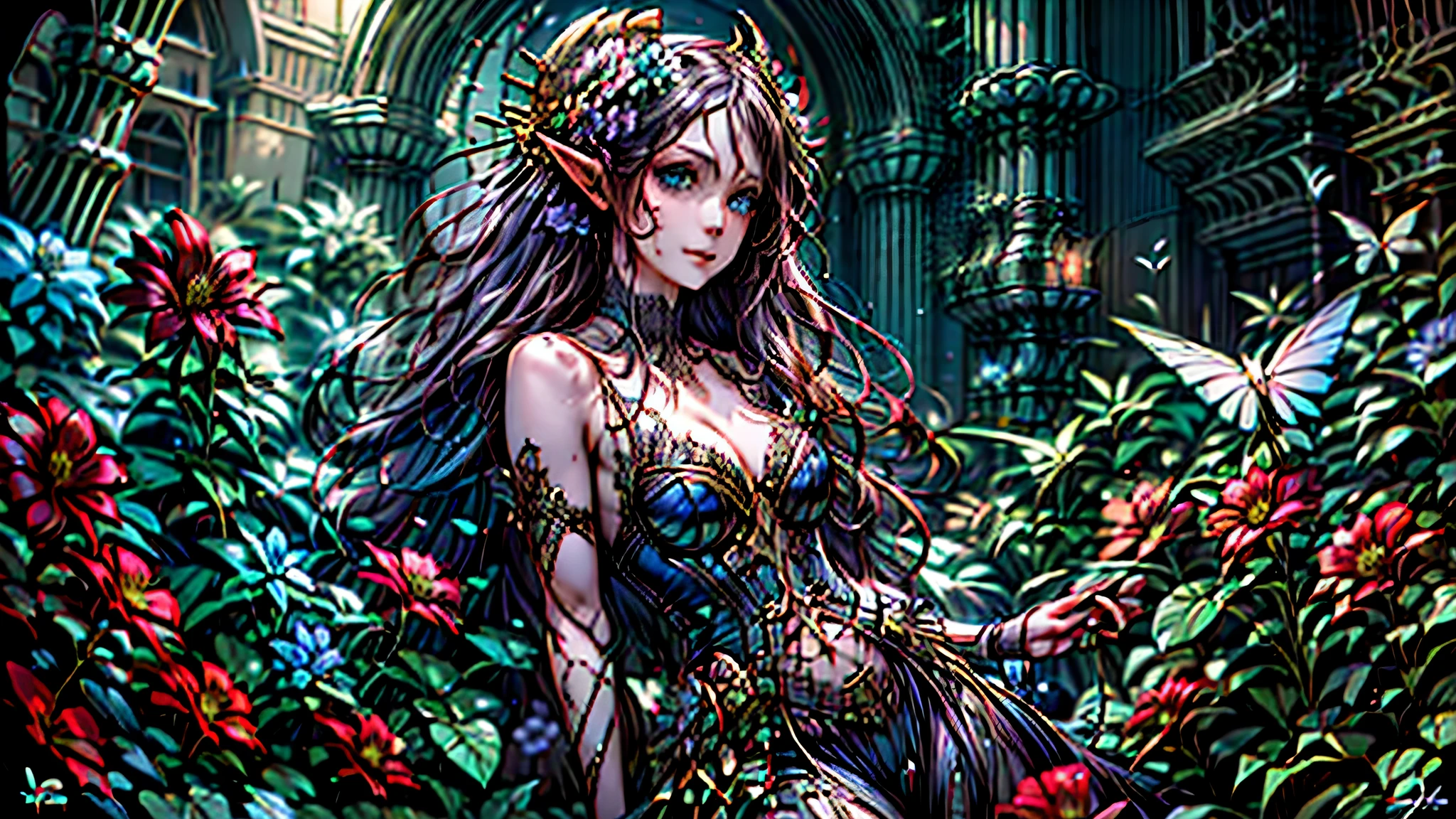 high details, best quality, 16k, RAW, [best detailed], masterpiece, best quality, (extremely detailed), full body, ultra wide shot, photorealistic, dark fantasy art, goth art, RPG art, D&D art, a picture of a dark female fairy resting in a flower meadow, extremely beautiful fairy, ultra feminine (intense details, Masterpiece, best quality), best detailed face (intense details, Masterpiece, best quality), having wide butterfly wings, spread butterfly wings (intense details, Masterpiece, best quality), dark colors wings (intense details, Masterpiece, best quality), black hair, long hair, shinning hair, flowing hair, shy smile, innocent smile, blue eyes, dark red lips, wearing [red] dress latex corset (intense details, Masterpiece, best quality), dynamic elegant shirt, chocker, wearing high heels, in dark colored flower meadow (intense details, Masterpiece, best quality), (red flowers: 1.2) , (black flowers: 1.2), (white flowers: 1.2), (blue flowers: 1.3) [extreme many flowers] (intense details, Masterpiece, best quality), dark colorful flowers (intense details, Masterpiece, best quality), flower shop in a dark goth era street background, dim light, cinematic light, gaslight lamp light, High Detail, Ultra High Quality, High Resolution, 16K Resolution, Ultra HD Pictures, 3D rendering Ultra Realistic, Clear Details, Realistic Detail, Ultra High Definition