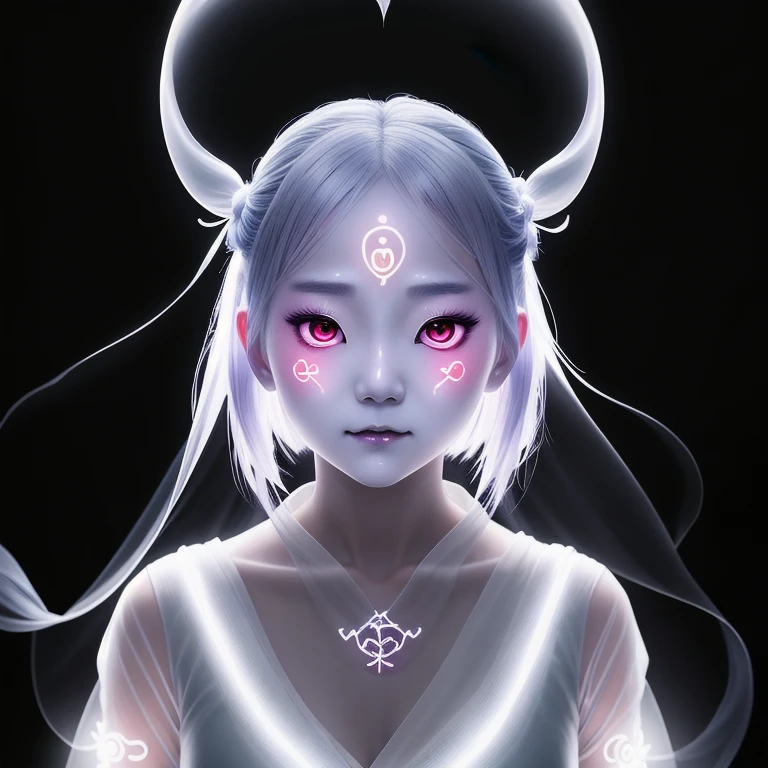 1 chica, De cerca, (((fantasma transparente, Figura etérea, aparición transparente, espíritu desvanecido))) con una máscara de kabuki negra , un retrato de personaje inspirado en Nara Yoshitomo, pixiv, sōsaku hecho, expresivo brillante (((elige de feliz, sad, Demonio, Calma, amar, odio o enfadado) emociones)), omori, yume nikki, yoshitomo nara, Imagen de perfil de discordia, shikami, Espíritu resplandeciente, símbolos del zodíaco aleatorios brillantes en su rostro, Luz etérea suave, Ilustración espectral detallada, (Arte conceptual de fantasía etérea.) . pictórico, épico, majestuoso, mágico, Arte De Fantasía, arte de la cubierta, soñador, mejor calidad