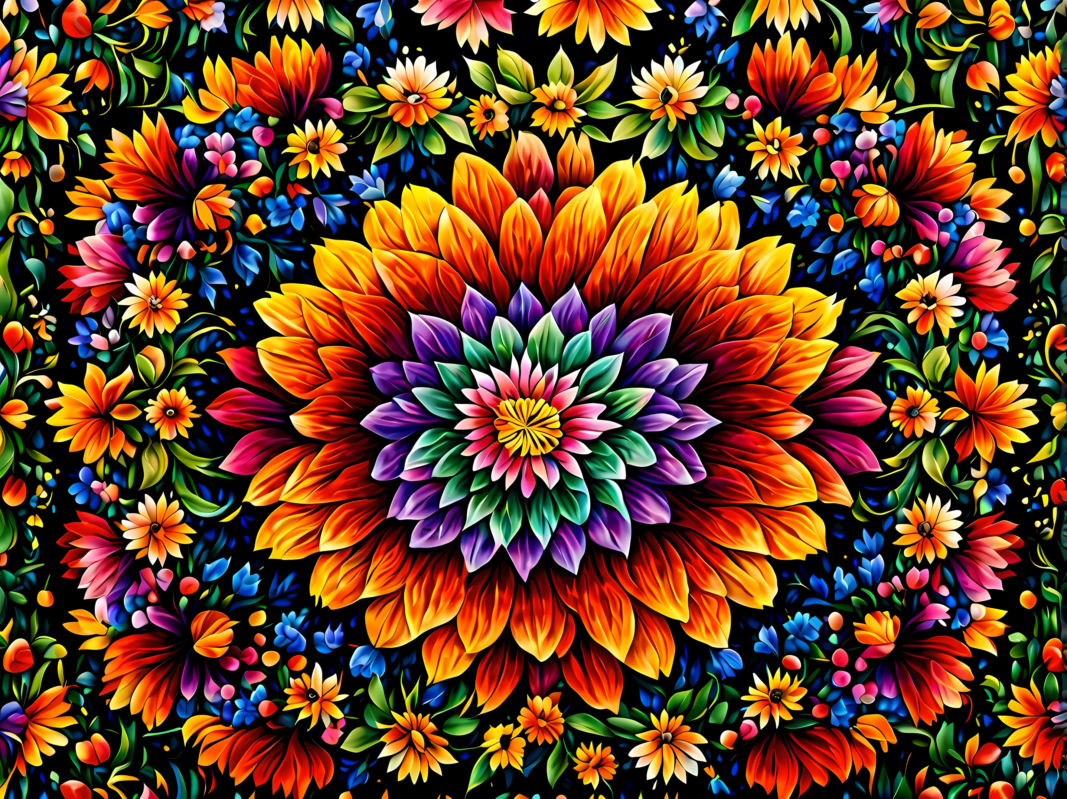 Design a visually captivating and harmoniouosaic))) artwork where ((flowers)) unfold in a mesmerizing display of colors and shapes, a tapestry of intricate patterns and textures, vibrant hues swirling and intermingling, a sense of wonder and enchantment, masterpiece in maximum 16K resolution, superb quality. | ((More_Detail))