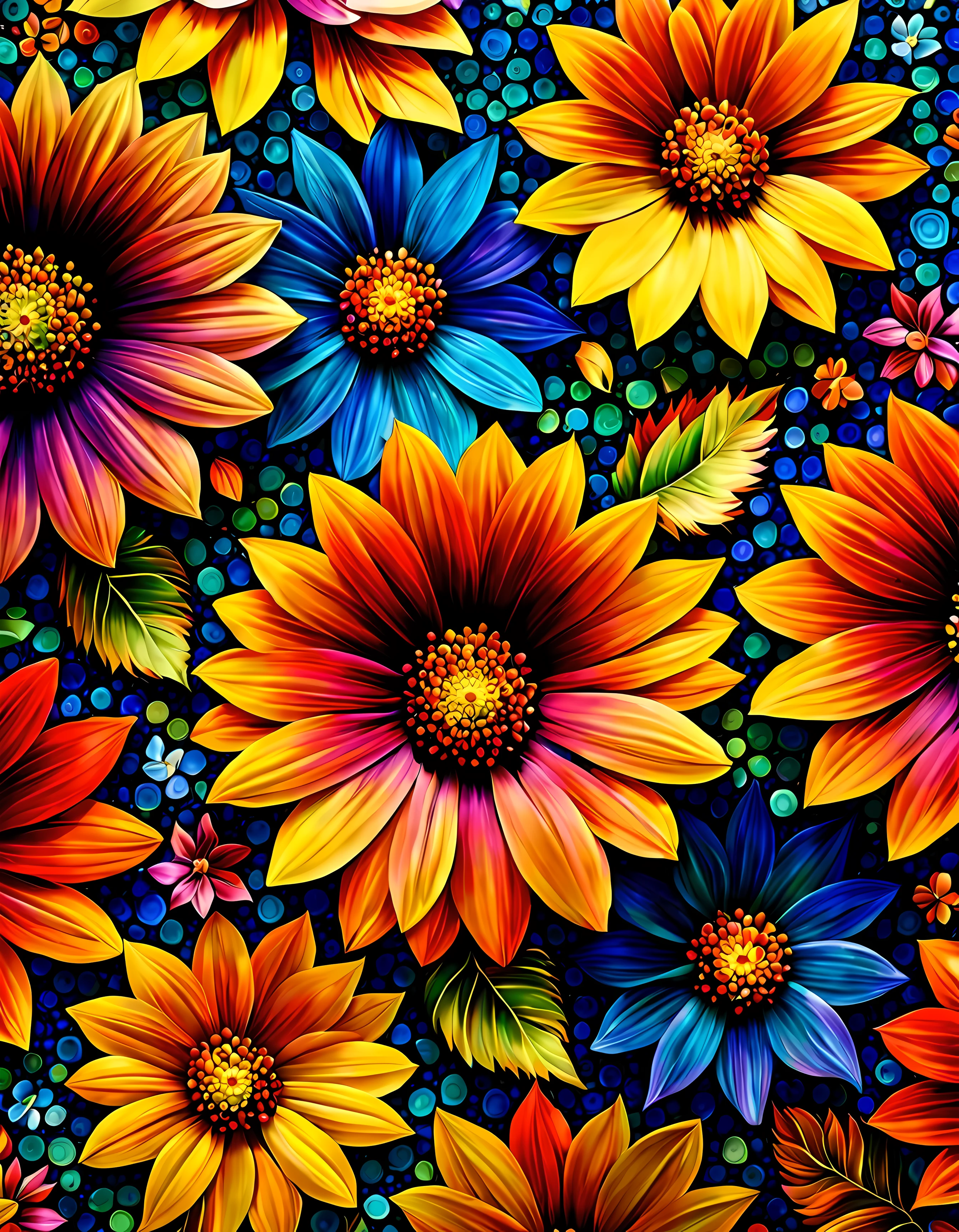 Design a visually captivating and harmoniouosaic))) artwork where ((flowers)) unfold in a mesmerizing display of colors and shapes, a tapestry of intricate patterns and textures, vibrant hues swirling and intermingling, a sense of wonder and enchantment, masterpiece in maximum 16K resolution, superb quality. | ((More_Detail))