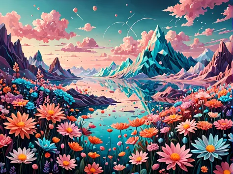 Design a visually captivating digital artwork featuring an otherworldly landscape where vibrant geometric shapes represent ((flo...