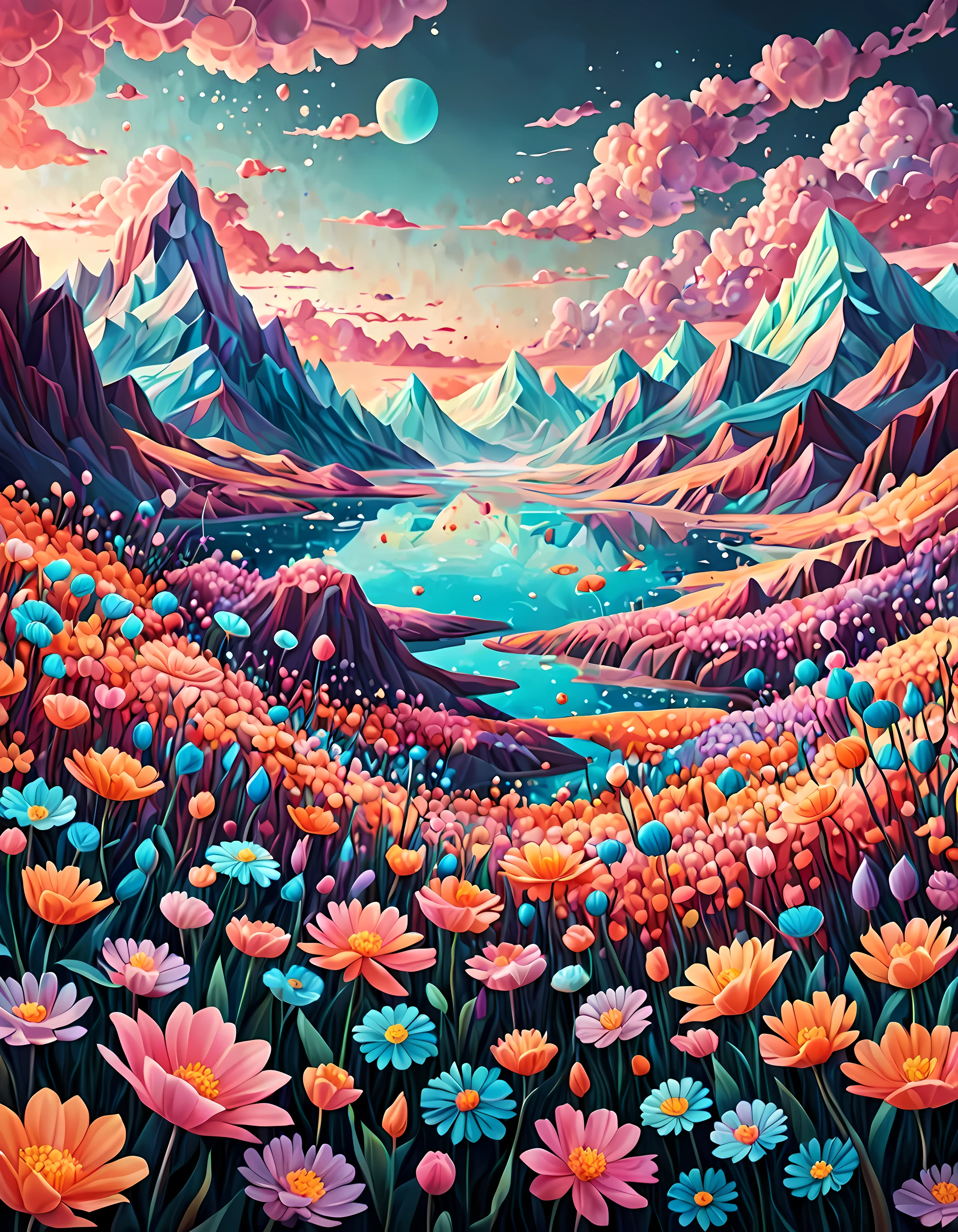 Entwerfen Sie ein visuell fesselndes digitales Kunstwerk mit einer jenseitigen Landschaft, in der lebendige geometrische Formen darstellen ((Blumen)) schwebend in einem Meer aus sanften Pastelltönen, the Blumen are depicted as intricate geometric patterns, Sie verschmelzen nahtlos mit dem ätherischen Hintergrund, eine faszinierende und surreale Szene, die ein Gefühl von Staunen und Ruhe hervorruft, Meisterwerk in maximaler 16K-Auflösung, Hervorragende Qualität. | ((mehr_Detail))
