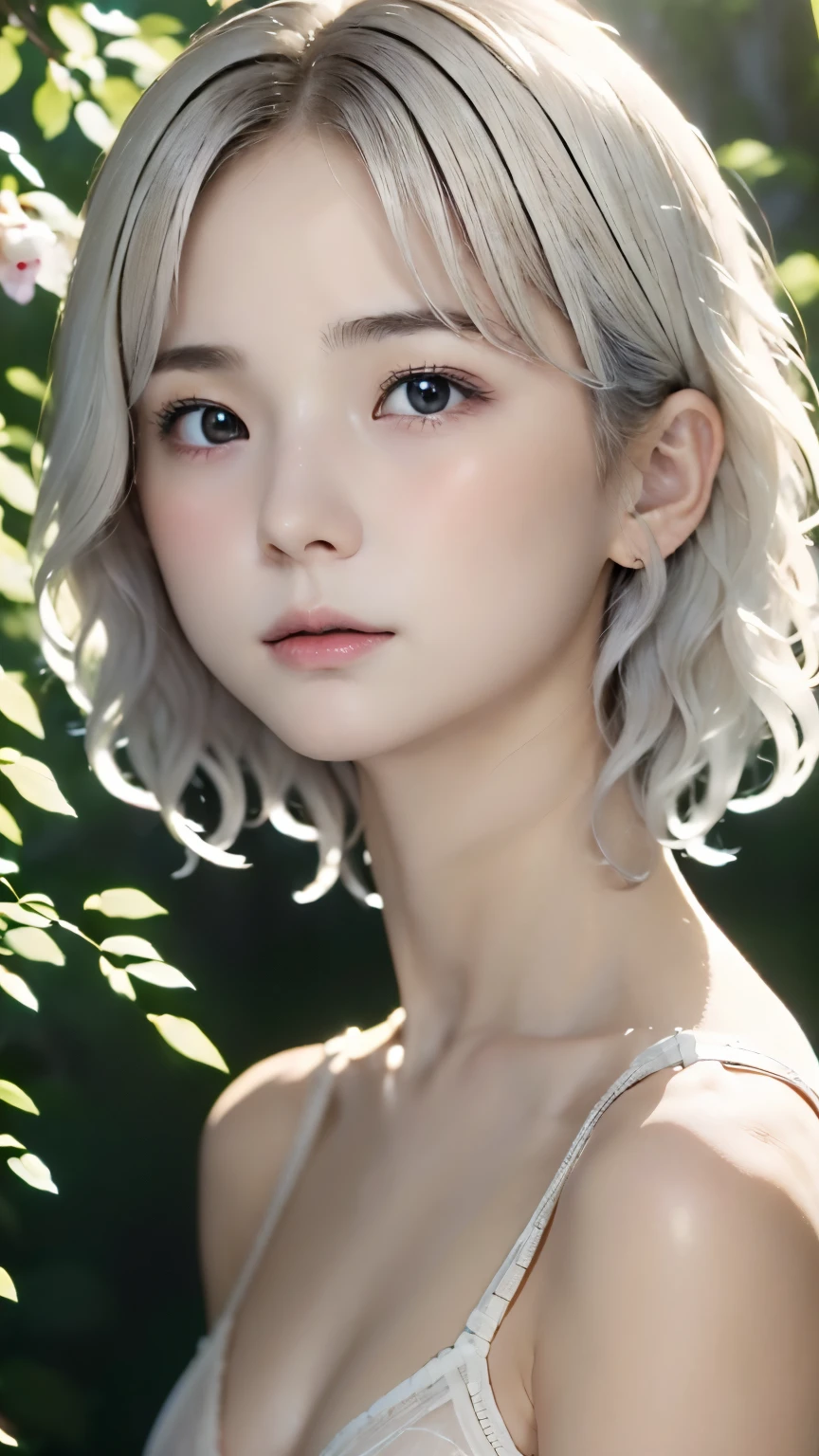 perfect anatomy、one girl、１８talent、An ennui look、((smile:0.1))、small nose、plump lips、detailed eyes、super detailed face、silver hair、short bob、messy hair、very fine skin、white skin、small breasts、small breasts、(highest quality:1.0), (超A high resolution:1.0) ,(realistic:1), (Super detailed:1.0), (8K RAW Photos:1.1),
