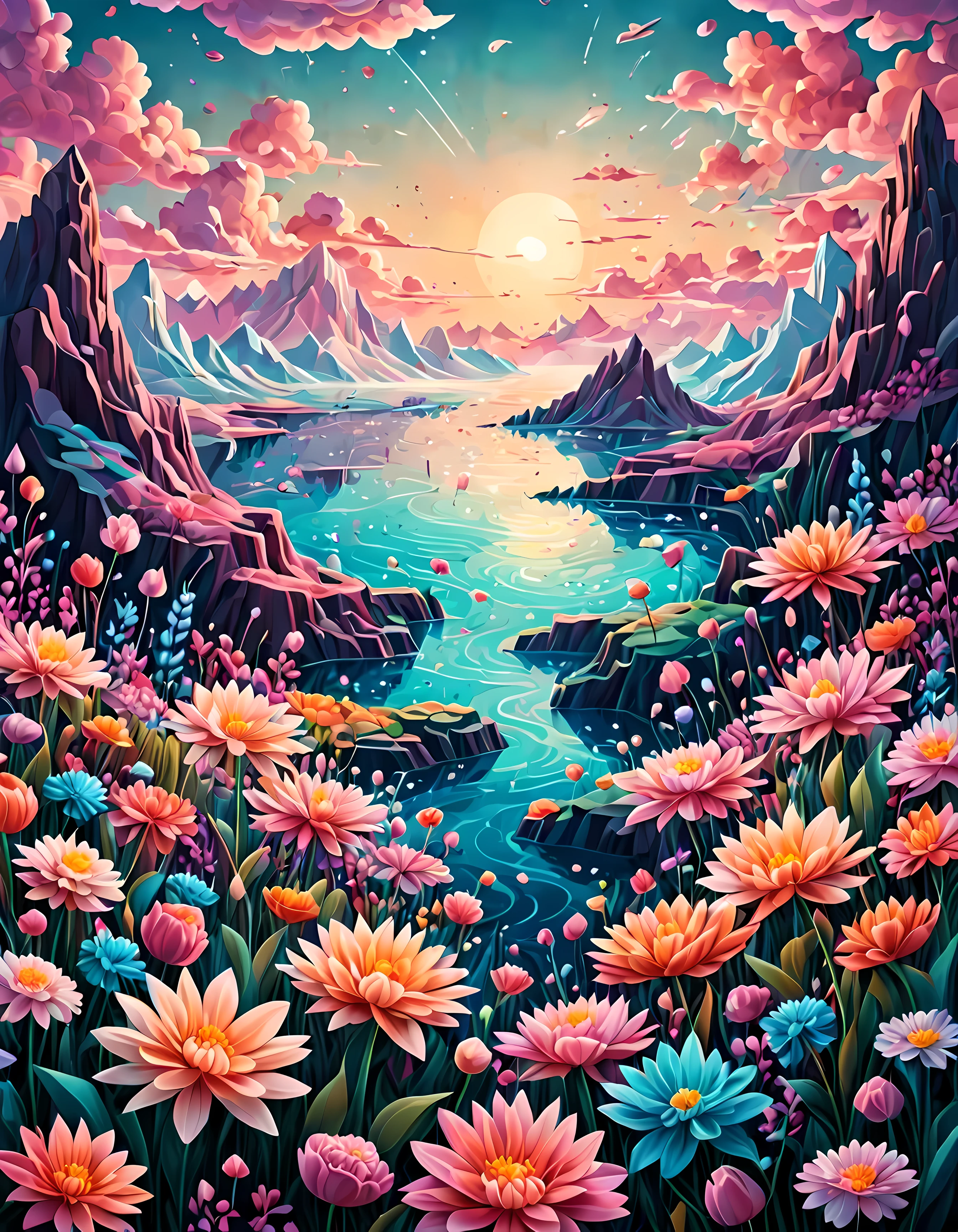 Entwerfen Sie ein visuell fesselndes digitales Kunstwerk mit einer jenseitigen Landschaft, in der lebendige geometrische Formen darstellen ((Blumen)) schwebend in einem Meer aus sanften Pastelltönen, the Blumen are depicted as intricate geometric patterns, Sie verschmelzen nahtlos mit dem ätherischen Hintergrund, eine faszinierende und surreale Szene, die ein Gefühl von Staunen und Ruhe hervorruft, Meisterwerk in maximaler 16K-Auflösung, Hervorragende Qualität. | ((mehr_Detail))