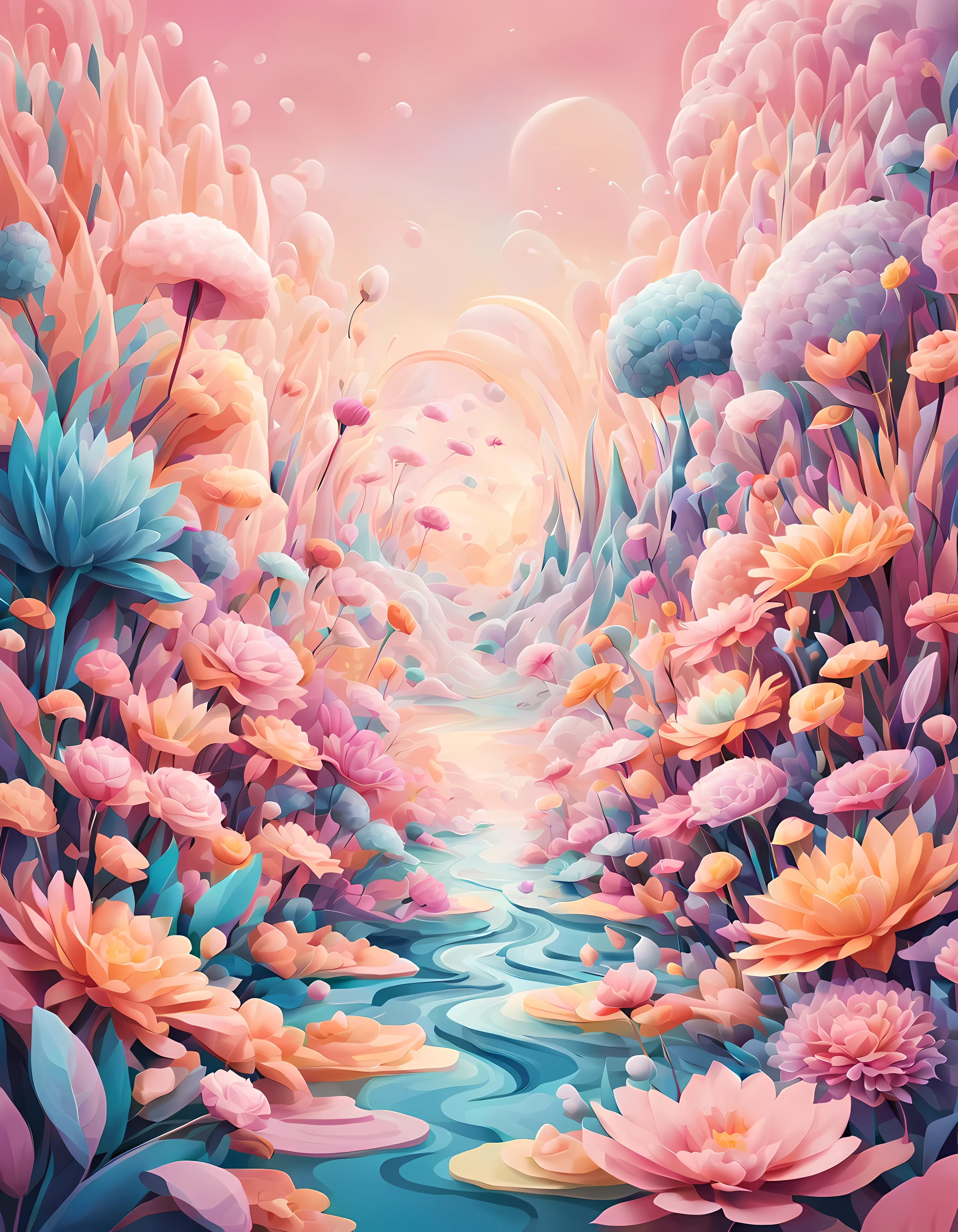 Design a visually captivating surreal ((cosmic)) masterpiece where celestial ((flowers)) are vibrant geometric shapes in a sea of ethereal pastel hues, each petal represents a distant galaxy, and the interplay of colors and patterns forms an otherworldly landscape, masterpiece in maximum 16K resolution, superb quality. | ((More_Detail))
