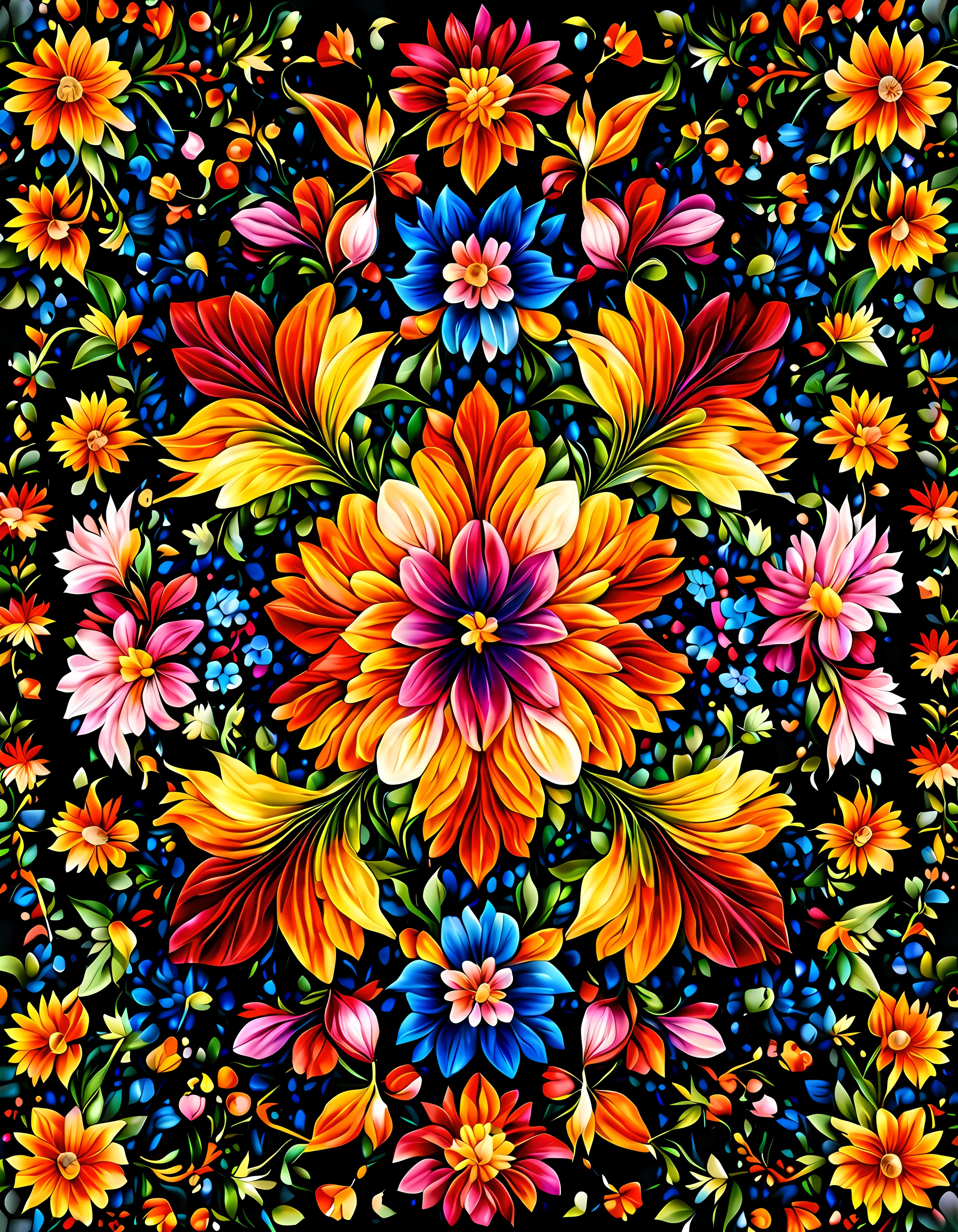 Design a visually captivating and harmoniouosaic))) artwork where ((flowers)) unfold in a mesmerizing display of colors and shapes, a tapestry of intricate patterns and textures, vibrant hues swirling and intermingling, a sense of wonder and enchantment, masterpiece in maximum 16K resolution, superb quality. | ((More_Detail))
