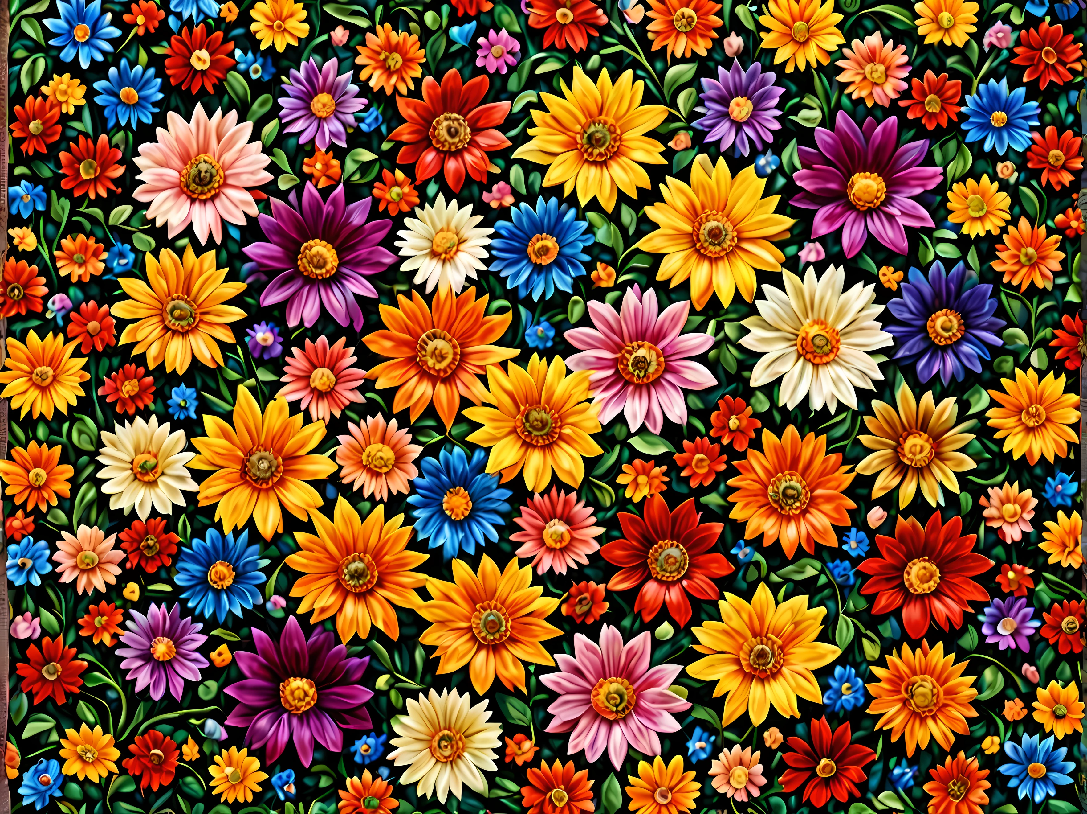 Design a visually captivating and harmoniouosaic))) artwork where ((flowers)) unfold in a mesmerizing display of colors and shapes, a tapestry of intricate patterns and textures, vibrant hues swirling and intermingling, a sense of wonder and enchantment, masterpiece in maximum 16K resolution, superb quality. | ((More_Detail))