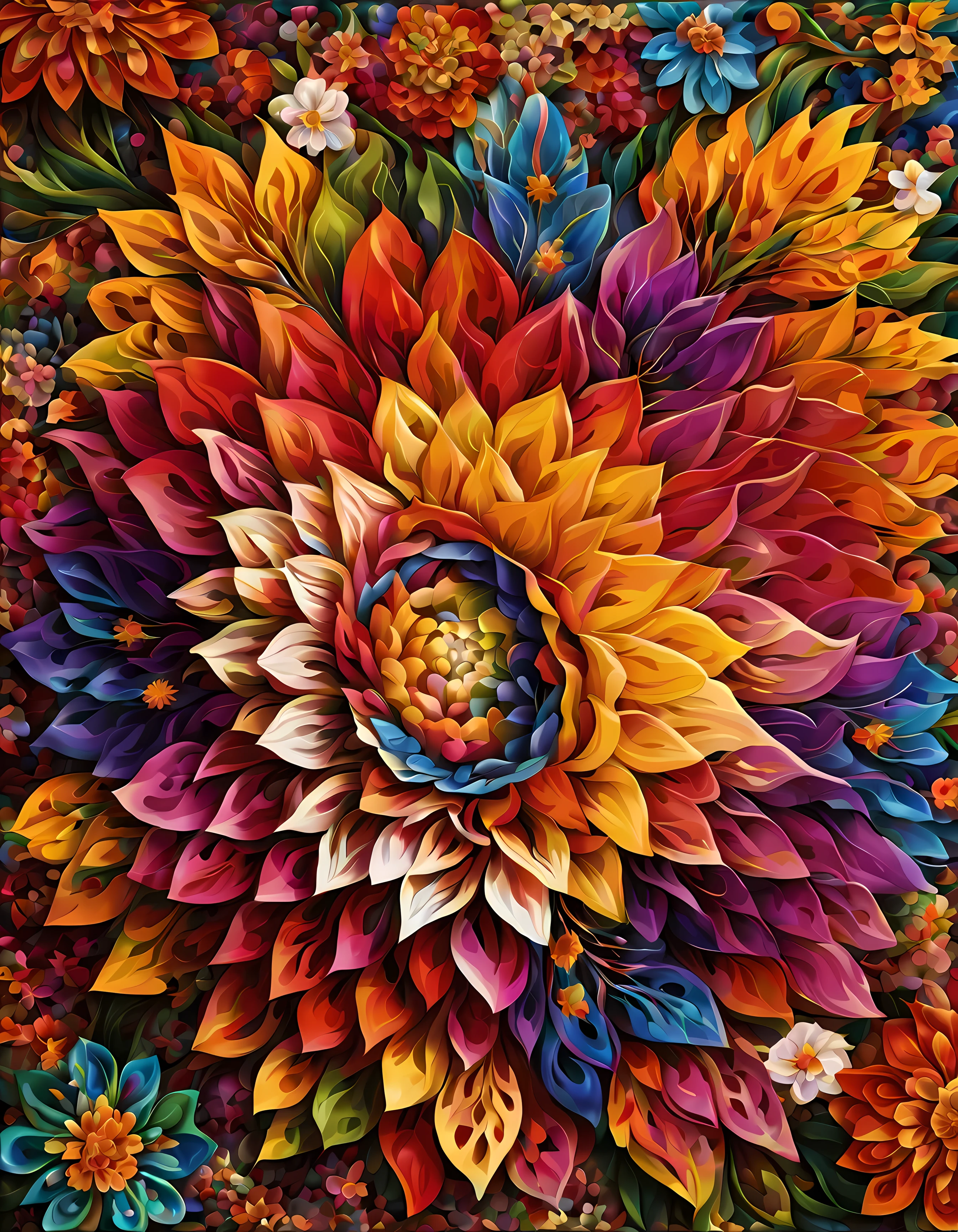 Design a visually captivating and harmoniouosaic))) artwork where ((flowers)) unfold in a mesmerizing display of colors and shapes, a tapestry of intricate patterns and textures, vibrant hues swirling and intermingling, a sense of wonder and enchantment, masterpiece in maximum 16K resolution, superb quality. | ((More_Detail))