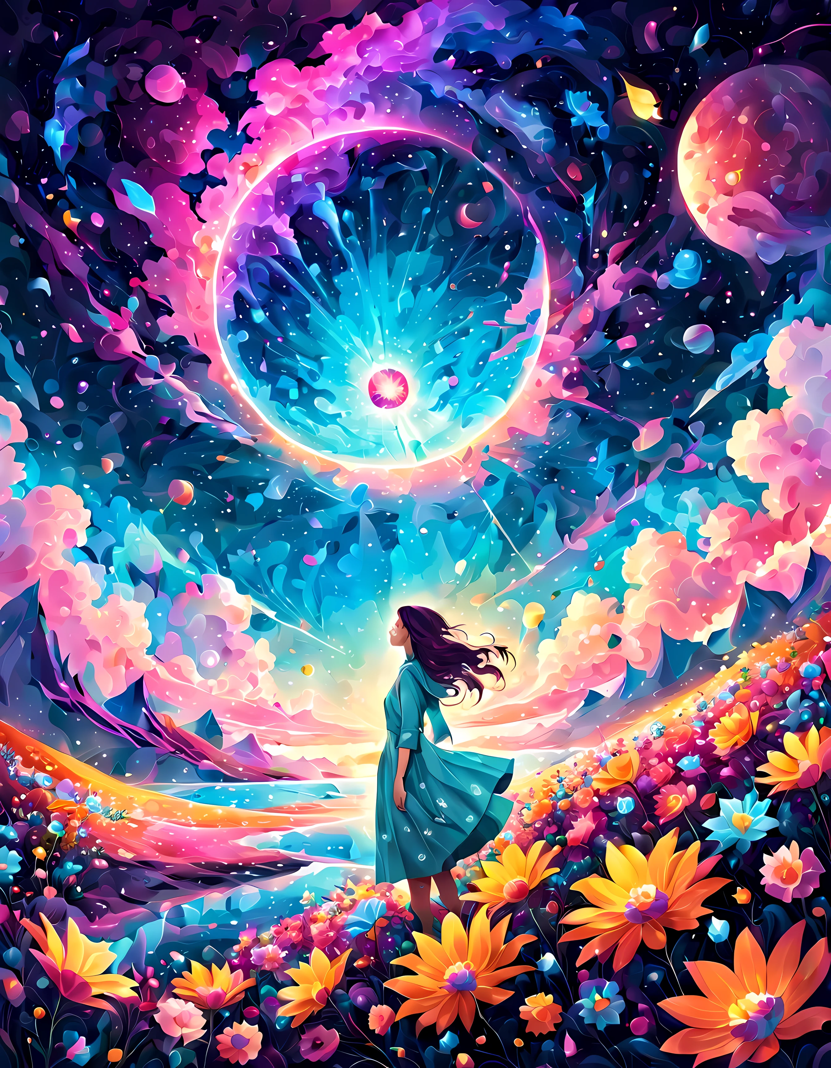 Design a visually captivating surreal ((cosmic)) masterpiece where celestial ((flowers)) are vibrant geometric shapes in a sea of ethereal pastel hues, each petal represents a distant galaxy, and the interplay of colors and patterns forms an otherworldly landscape, masterpiece in maximum 16K resolution, superb quality. | ((More_Detail))
