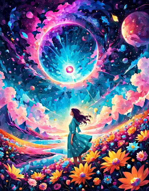 Design a visually captivating surreal ((cosmic)) masterpiece where celestial ((flowers)) are vibrant geometric shapes in a sea o...
