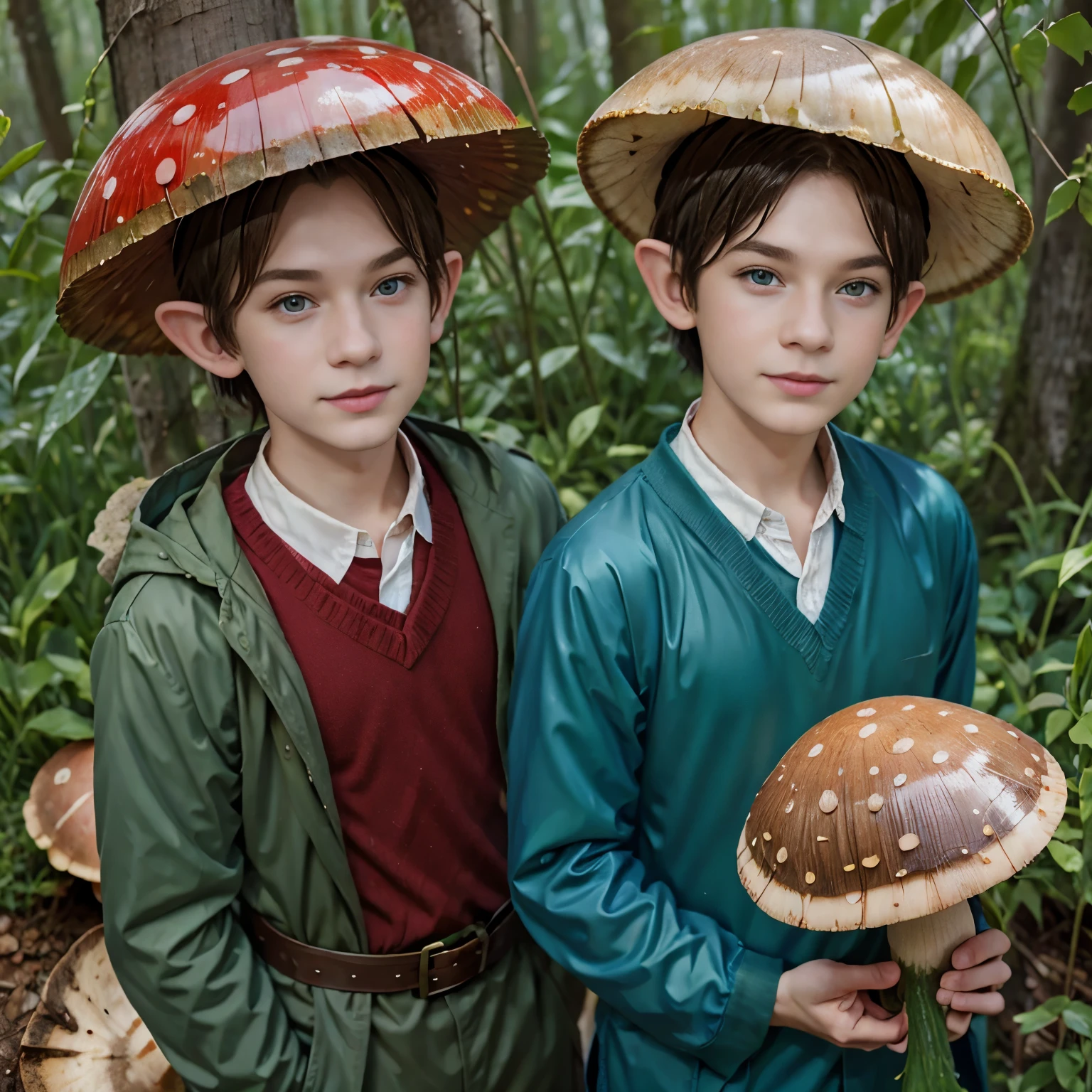 (Masterpiece, Best quality:1.2), top quality , Masterpiece высокого искусства. portrait of two happiest and most beautiful elf boys with pointed ears. hid from the rain in the middle of the edge of a forest clearing under a large red mushroom , Huge red mushroom , and the elf boys hid under it ! Hid under a big huge mushroom from the rain, It&#39;s raining heavily, There are beautiful flowers around. Butterflies .