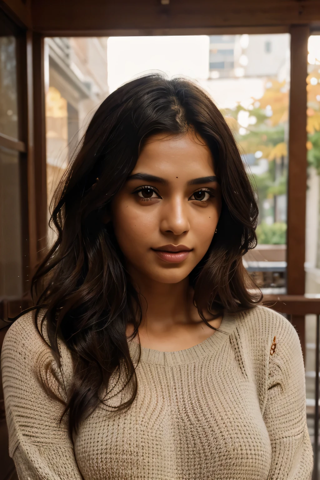 photography of a cute yet sexy 26 year old indian woman with wavy brown hair, detailed eyes, luscious lips, Her dark brown skin glows with a natural warmth, adding to her allure, best ratio, Beautiful Skin, Attractive, medium-small breast, wearing a autumn jumper, long hair on one side, heavy bust 36DD, looks into the camera, symmetrical eyes, symmetrical face, photorealistic, photography, path tracing, specular lighting, volumetric face light, path traced hair, visible shadows, intricate, elaborate