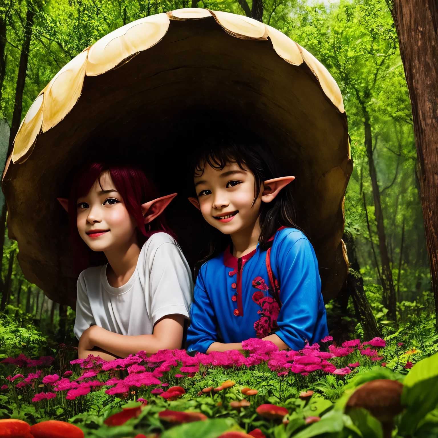 (Masterpiece, Best quality:1.2), top quality , Masterpiece высокого искусства. portrait of two happiest and most beautiful elf boys with pointed ears. hid from the rain in the middle of the edge of a forest clearing under a large red mushroom , Huge red mushroom , and the elf boys hid under it ! Hid under a big huge mushroom from the rain, It&#39;s raining heavily, There are beautiful flowers around. Butterflies .