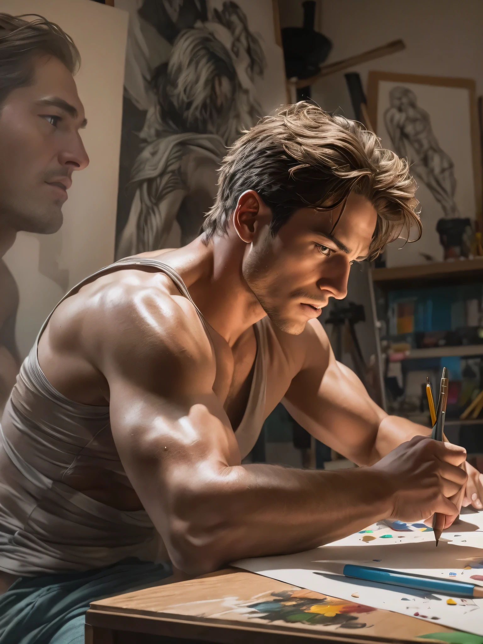 (photorealistic, masterpiece, best quality), a shirtless male artist sitting at a drawing table sketching out a drawing of a male figure, detailed hands, precise strokes in progress, sunlight streaming through the window, studio lighting, vibrant colors, focused expression, slim athletic body build, sculpted chest, sweat glistening on his forehead, art supplies scattered around the studio, photorealistic textures on the artist's skin, pencil marks capturing every intricate detail, attention to shadows and highlights, with a sense of depth and dimension, capturing the essence of the male figure's physique, intense concentration visible in his eyes, capturing the raw emotion in his sketch, an atmosphere of creative energy, perfectly capturing the human anatomy, showcasing the artist's technical skill and artistic vision, realistic proportions, every muscle and curve expertly rendered, blending realism with artistic interpretation, bringing the figure to life on the paper, a testament to the artist's talent and dedication.