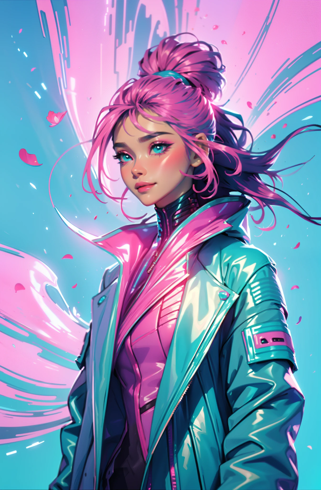 cyberpunk female woman wearing (turquoise Jacket with chromatic accents:1.1), sleek pink and White full bodysuit, side view turning to face camera, (Petal Blush, Lagoon Blue color background:1.3), amazing smile, looking at camera, golden hour
