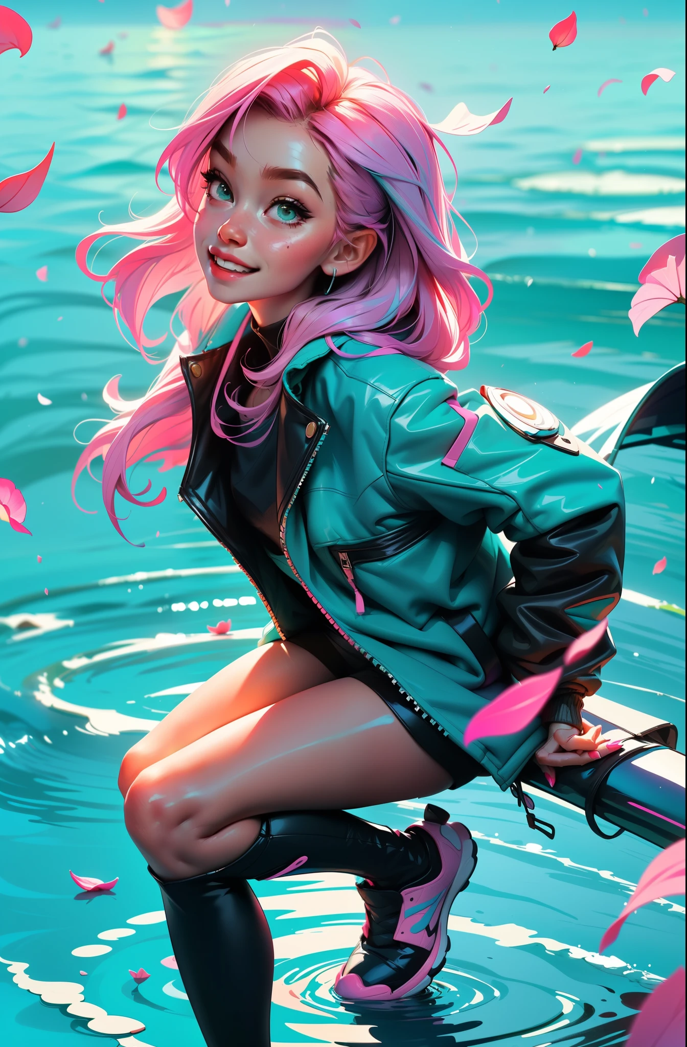 cyberpunk female woman wearing (turquoise Jacket with chromatic accents:1.1), sleek pink and White full bodysuit, side view turning to face camera, (Petal Blush, Lagoon Blue color background:1.3), amazing smile, looking at camera, golden hour
