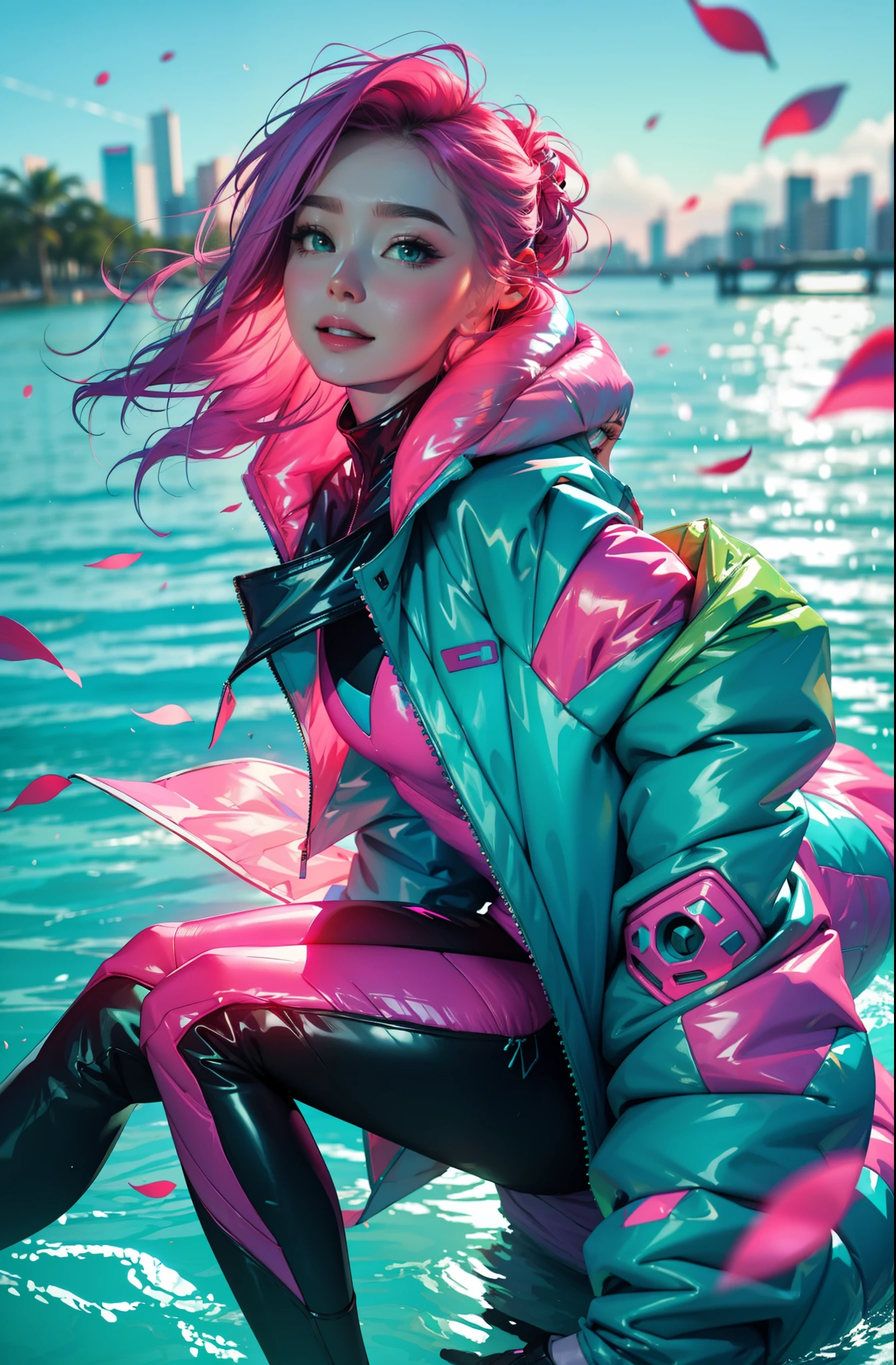 cyberpunk female woman wearing (turquoise Jacket with chromatic accents:1.1), sleek pink and White full bodysuit, side view turning to face camera, (Petal Blush, Lagoon Blue color background:1.3), amazing smile, looking at camera, golden hour
