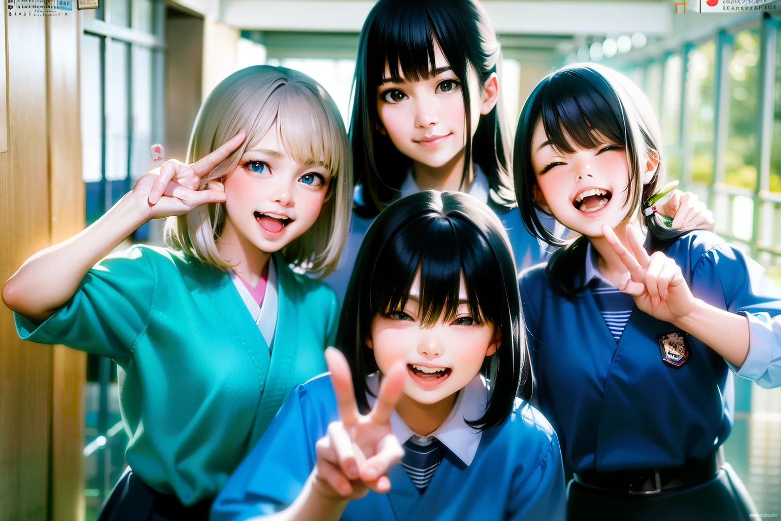 there are four girls posing in a school hallway, Japanese high school, ４A female high school student is making a peace sign, hair is black, はにかんだsmile, smile!! fantasy, various poses, 8k)), 2D anime style, laugh shyly, picture, Kyoto animation style, beautiful images, Japanese high school, high resolution