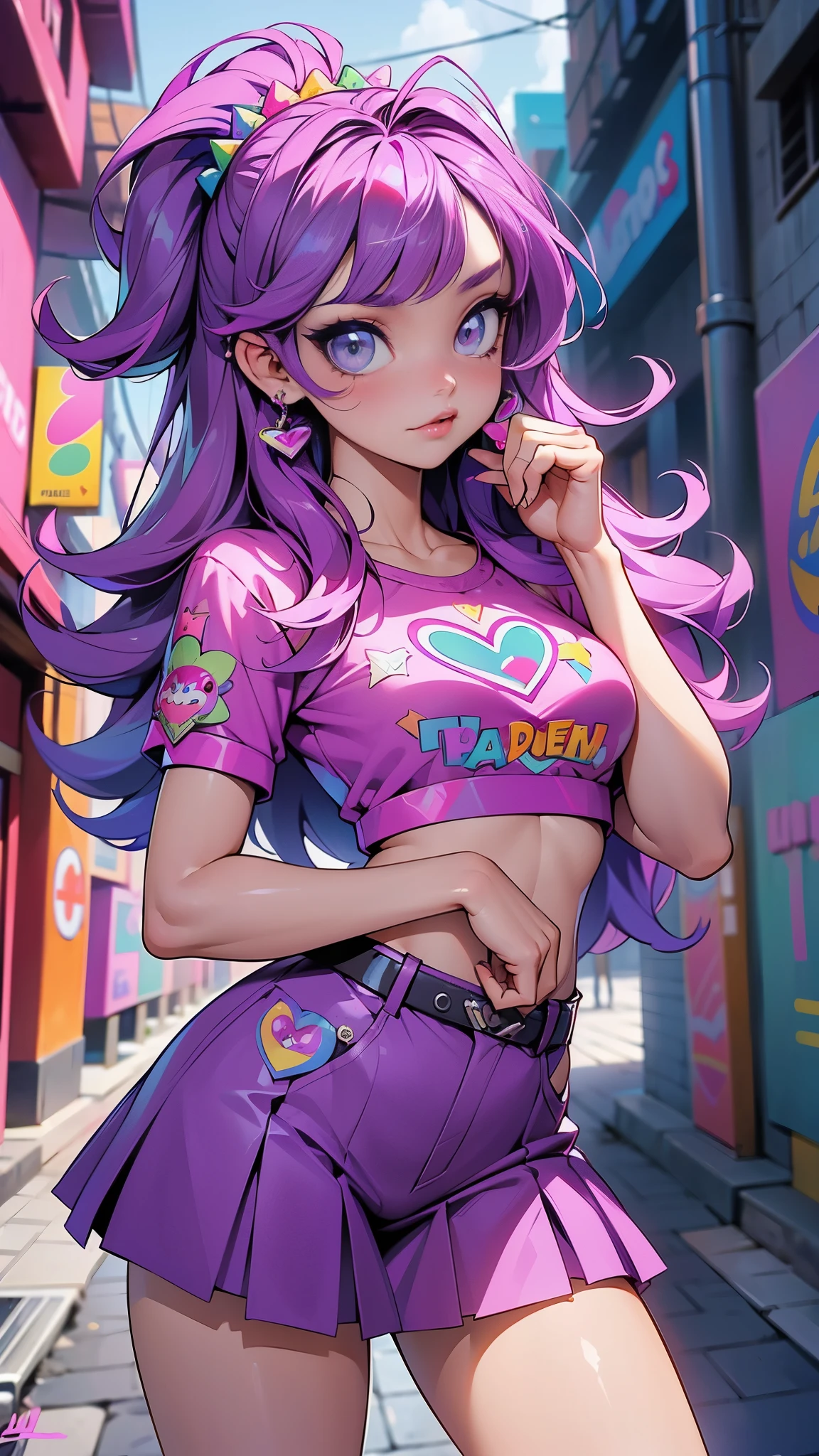 (La Best Quality,A high resolution,Ultra - detailed,actual),Ariana Grande in a purple skirt and a pink top in an alley , Violet Myers, Alex Yanes and Lisa Frank, Lisa Frank Style, sweet girl, purple outfit, beautiful dolphin, Lisa - Frank, promotion still, hot teen girl, Leslie David y Lisa Frank, In the style of Lisa Frank, In a Lisa Frank art style, posing in leotard and tiara, More detailed 8K.unreal engine:1.4,UHD,La Best Quality:1.4, photorealistic:1.4, skin texture:1.4, masterpiece:1.8,first work, Best Quality,object object], (detailed face features:1.3),(The correct proportions),(Beautiful blue eyes),  (cowboy pose), (fingers detailed :1.4), (giant donuts background, giant sweets :1.4), (WetAndPissy water) 