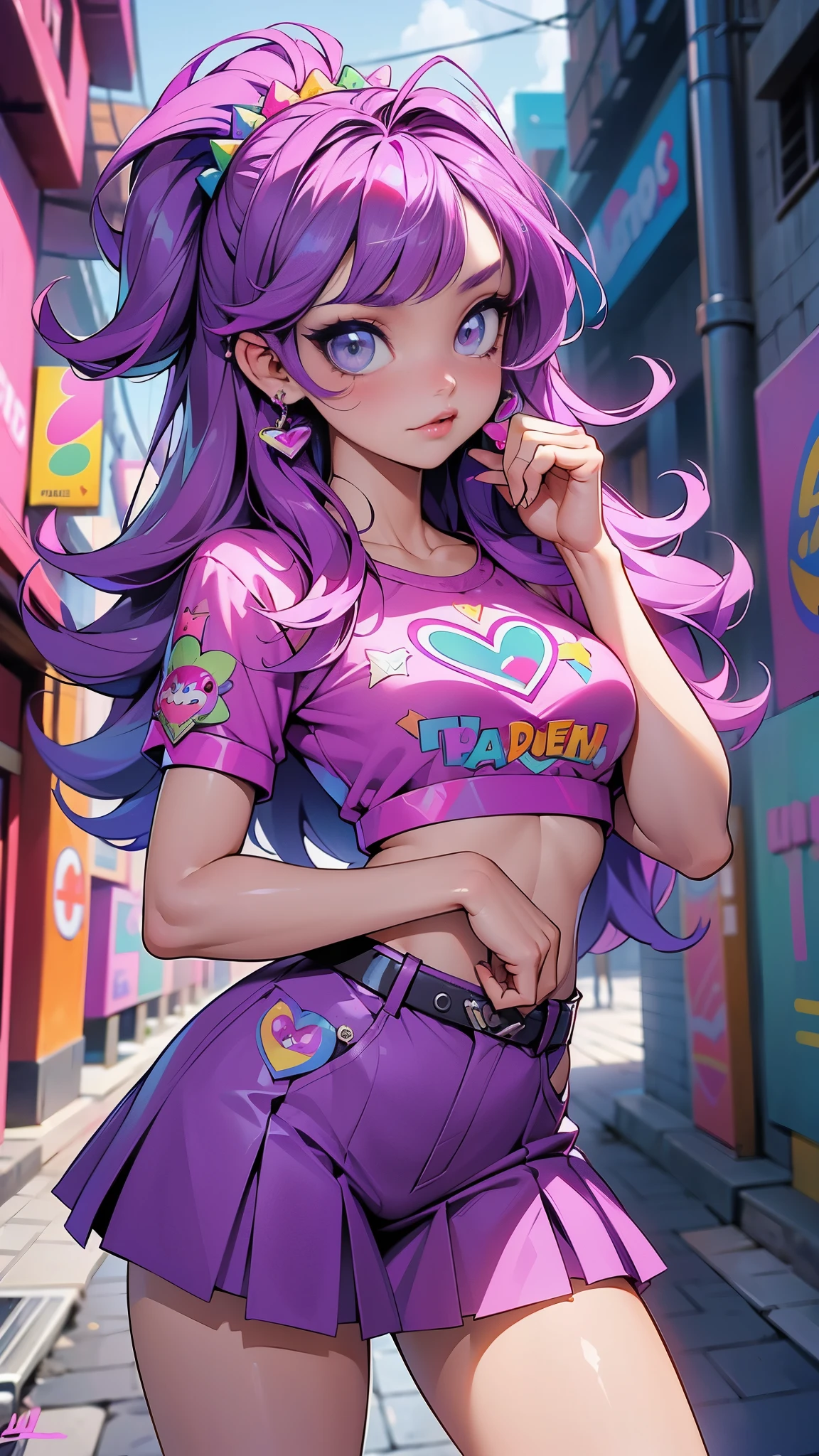 (La mejor calidad,A high resolution,Ultra - detallado,actual),Ariana Grande in a purple skirt and a pink top in an alley , Violeta Myers, alex yanes y lisa frank, estilo lisa frank, Sweet girl, traje morado, bella delfina, Lisa - Frank, promotion still, chica adolescente caliente, Leslie David y Lisa Frank, Al estilo de Lisa Frank, En un estilo de arte de Lisa Frank, posando en leotardo y tiara, More detailed 8K.motor irreal:1.4,UHD,La mejor calidad:1.4, fotorrealista:1.4, textura de la piel:1.4, obra maestra:1.8,obra-prima, mejor calidad,objeto Objeto], (detailed face features:1.3),(Las proporciones correctas),(Ojos hermosos azules),  (pose vaquero), (dedos detailed :1.4), (fondo donas gigantes, dulces gigantes :1.4), (WetAndPissy agua) 