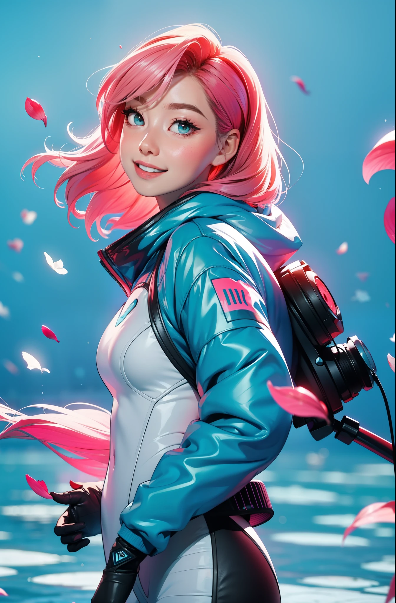 cyberpunk female woman (chromatic accents:1.1), sleek pink and White full bodysuit, side view turning to face camera, (Petal Blush, Lagoon Blue color background:1.3), amazing smile, looking at camera, golden hour